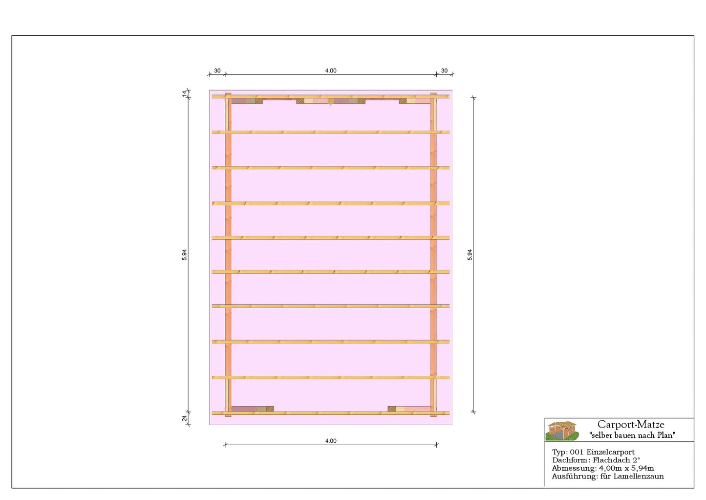 Bauplan für einen Holz-Carport mit Flachdach 4,00m x 5,94m mit Montageanleitung - Draufsicht