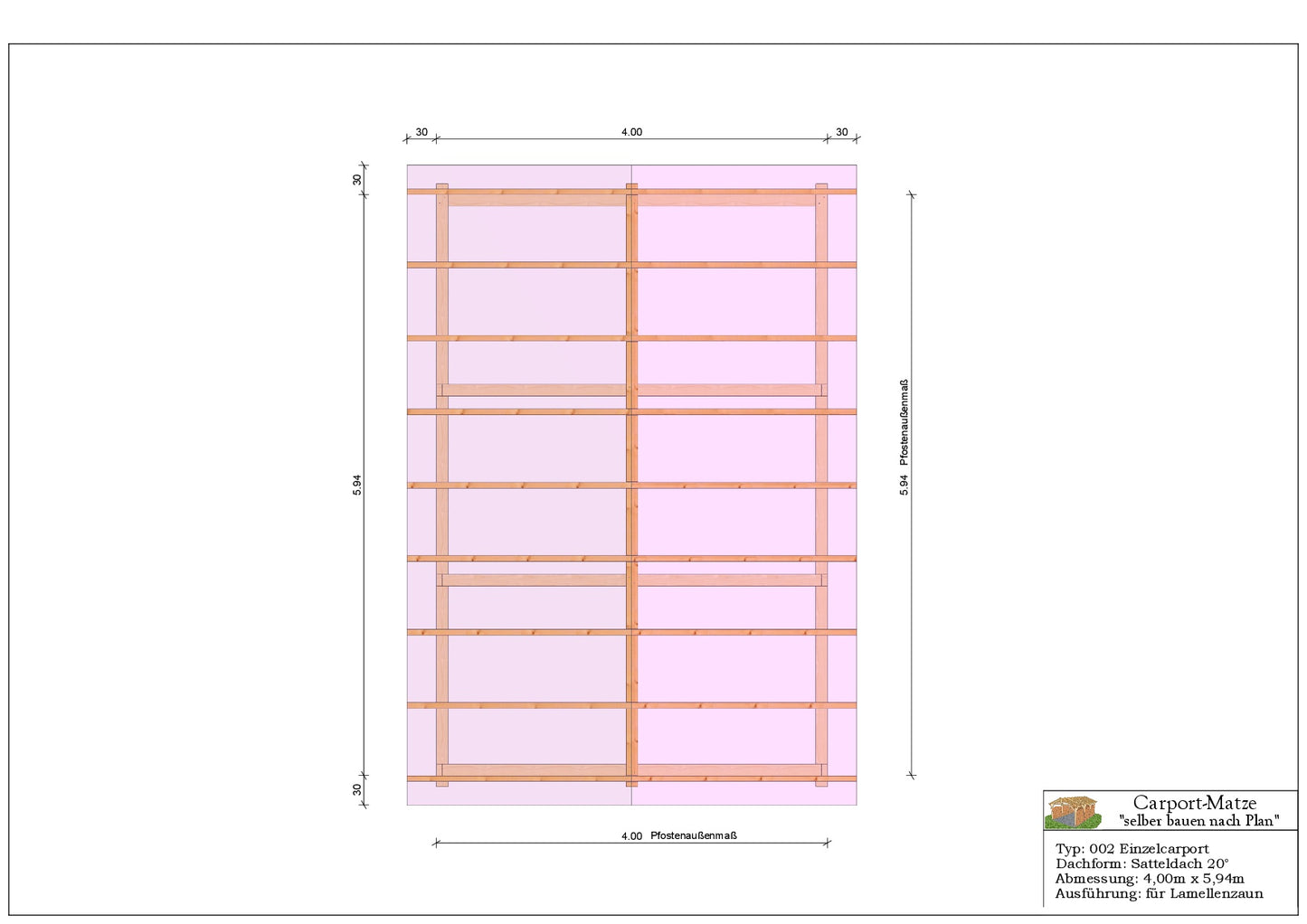 Bauplan für einen Holz-Carport mit Satteldach 4,00m x 5,94m mit Montageanleitung - Draufsicht