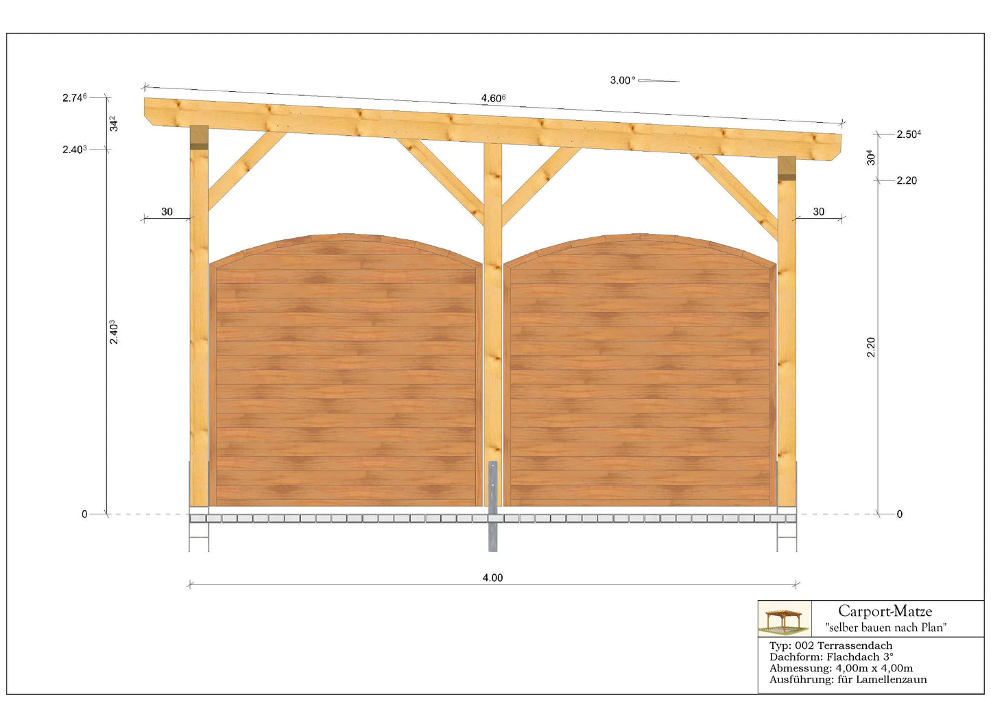 Terrassendach Typ 002 - Flachdach 3° L=4,00m x B=4,00m | DIY-Baupläne