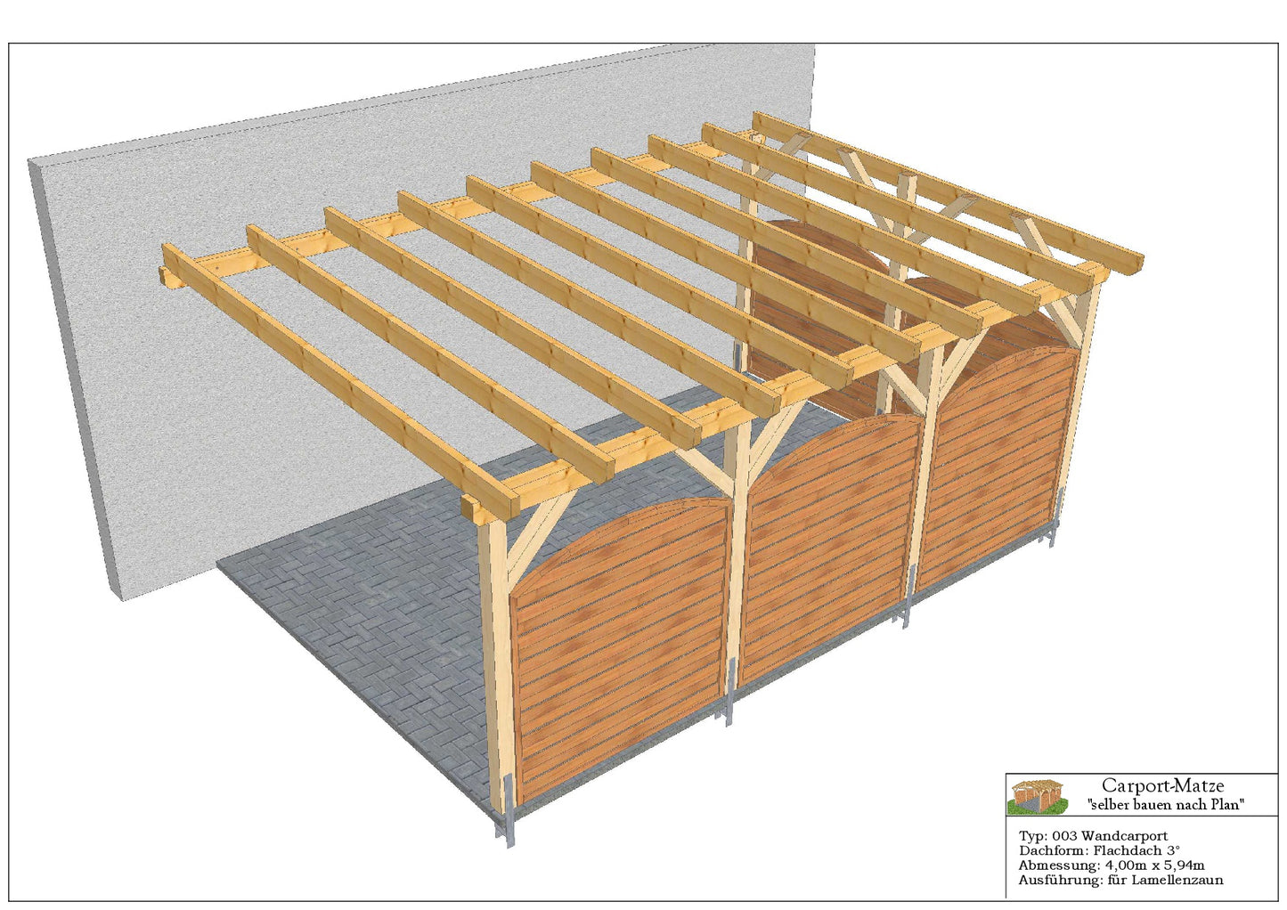 Wandcarport Typ 003 Flachdach 3°  B=4,00m x L= 5,94m