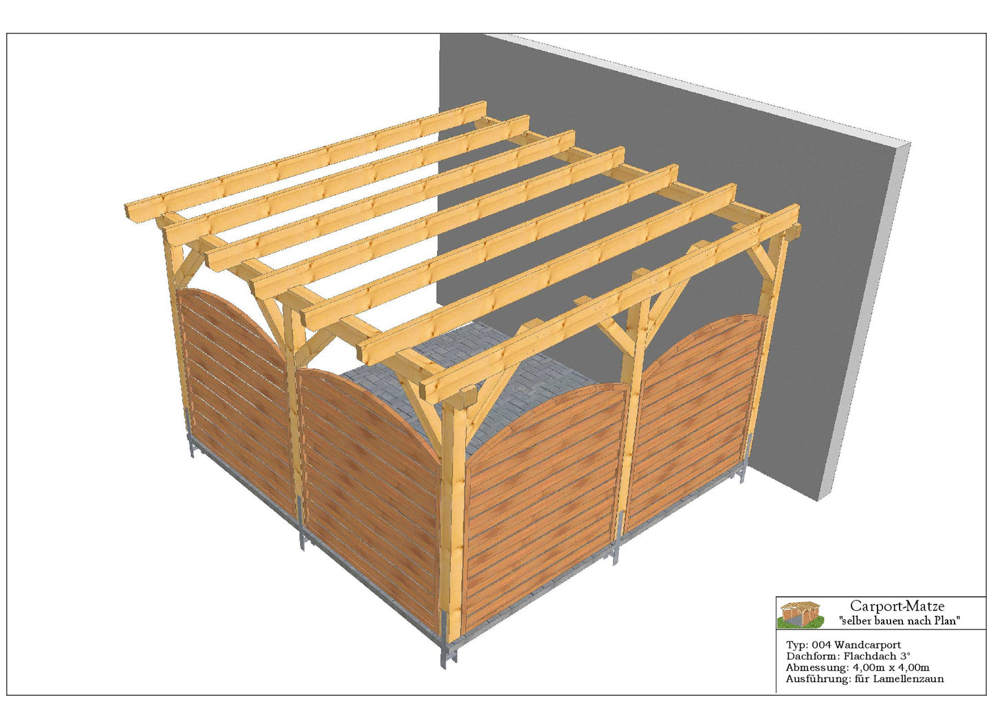 Wandcarport Typ 004 Flachdach 3°   B= 4,00m x L= 4,00m