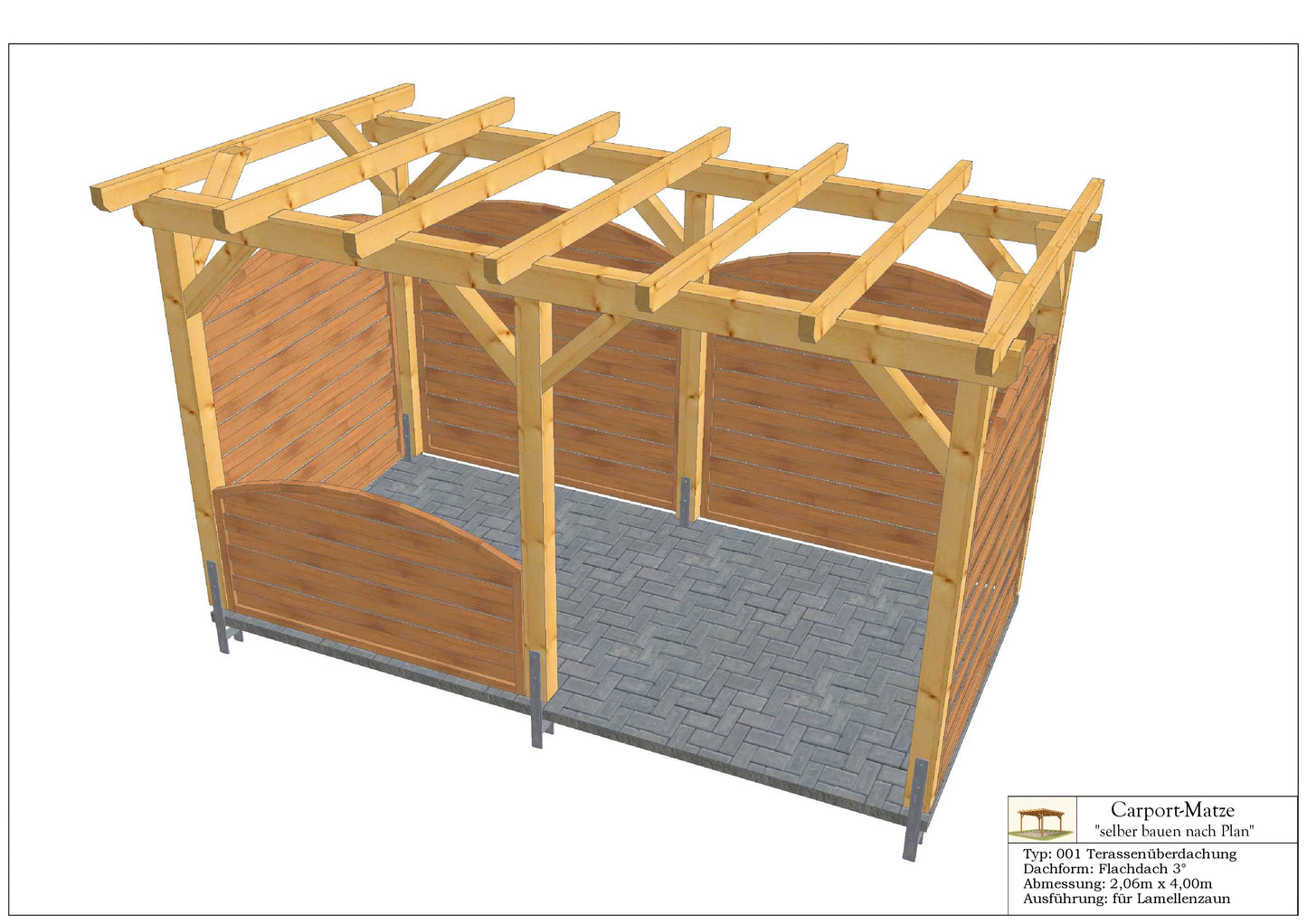 Terrassendach Typ 001 Flachdach 3°  B=2,06m x L=4,00m