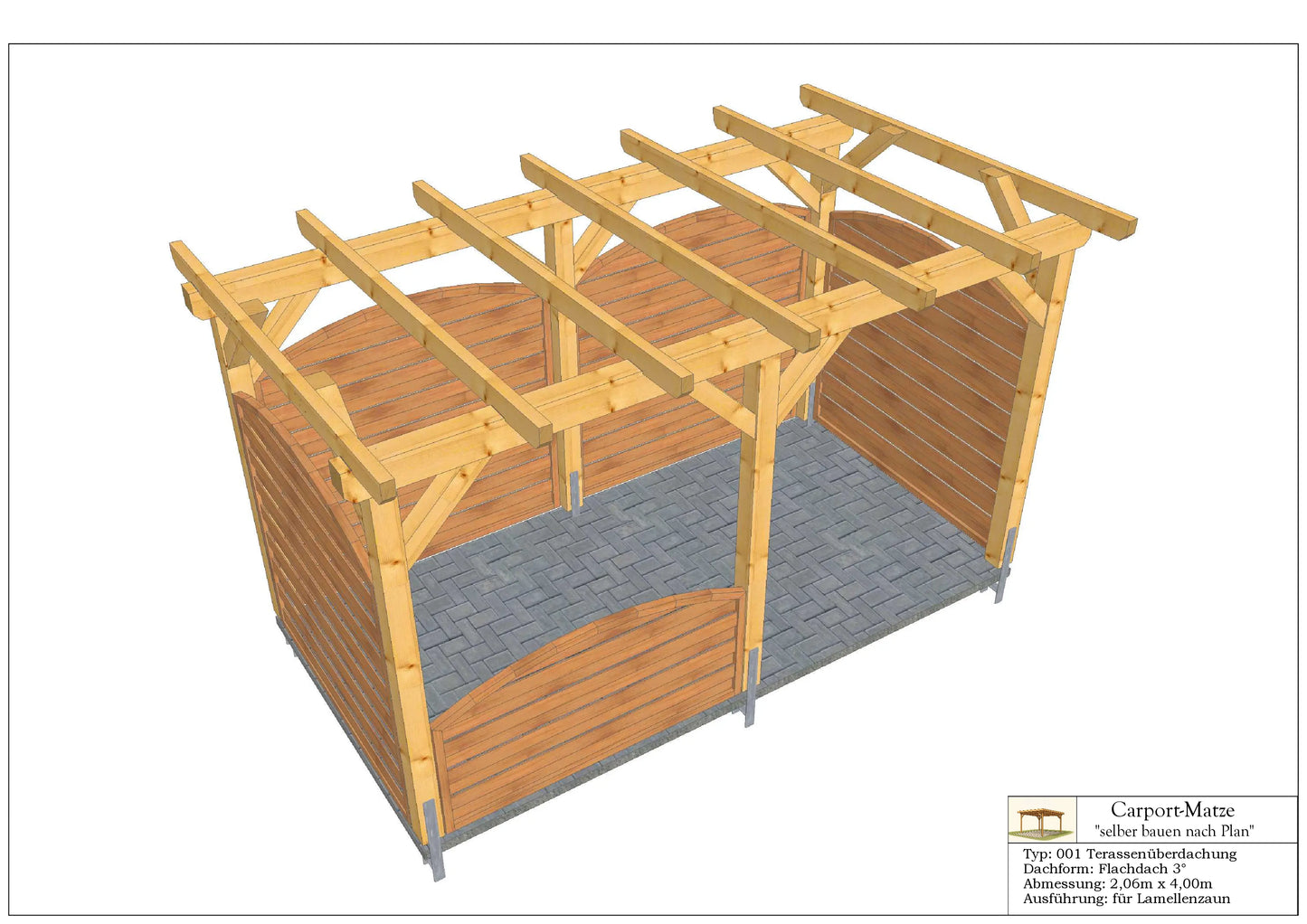 Terrassendach Typ 001 Flachdach 3°  B=2,06m x L=4,00m