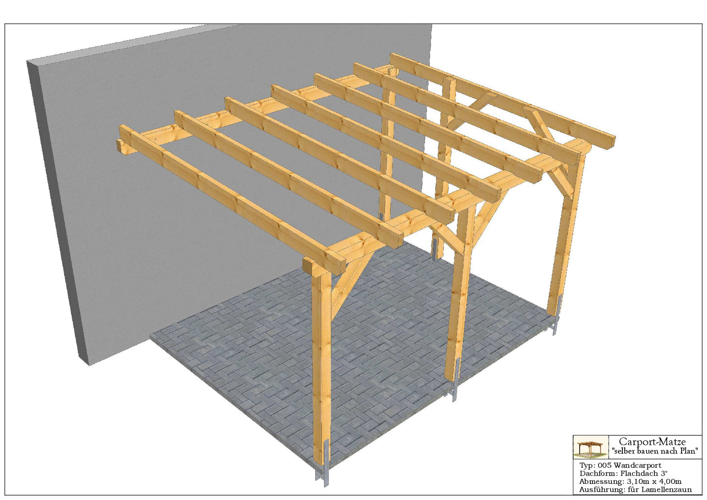 Wandcarport Typ 005 Flachdach 3° B= 3,10m x L= 4,00m