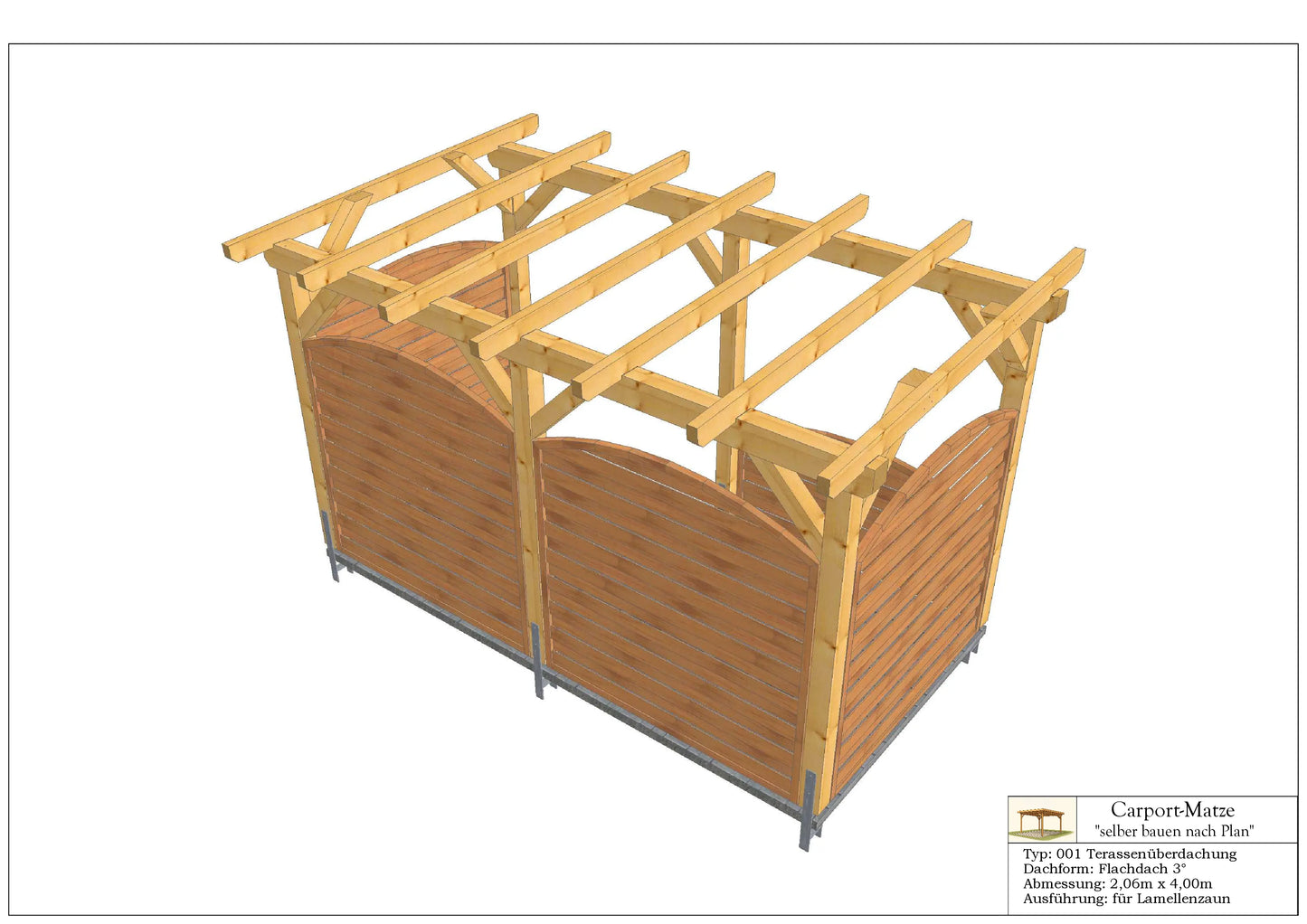 Terrassendach Typ 001 Flachdach 3°  B=2,06m x L=4,00m