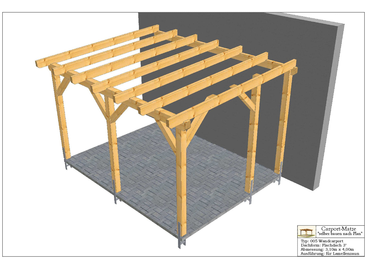 Wandcarport Typ 005 Flachdach 3° B= 3,10m x L= 4,00m