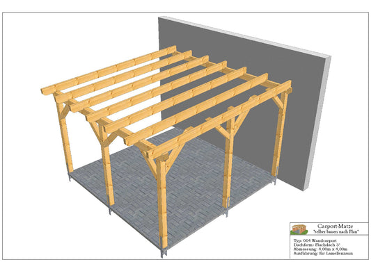 Wandcarport Typ 004 Flachdach 3°   B= 4,00m x L= 4,00m