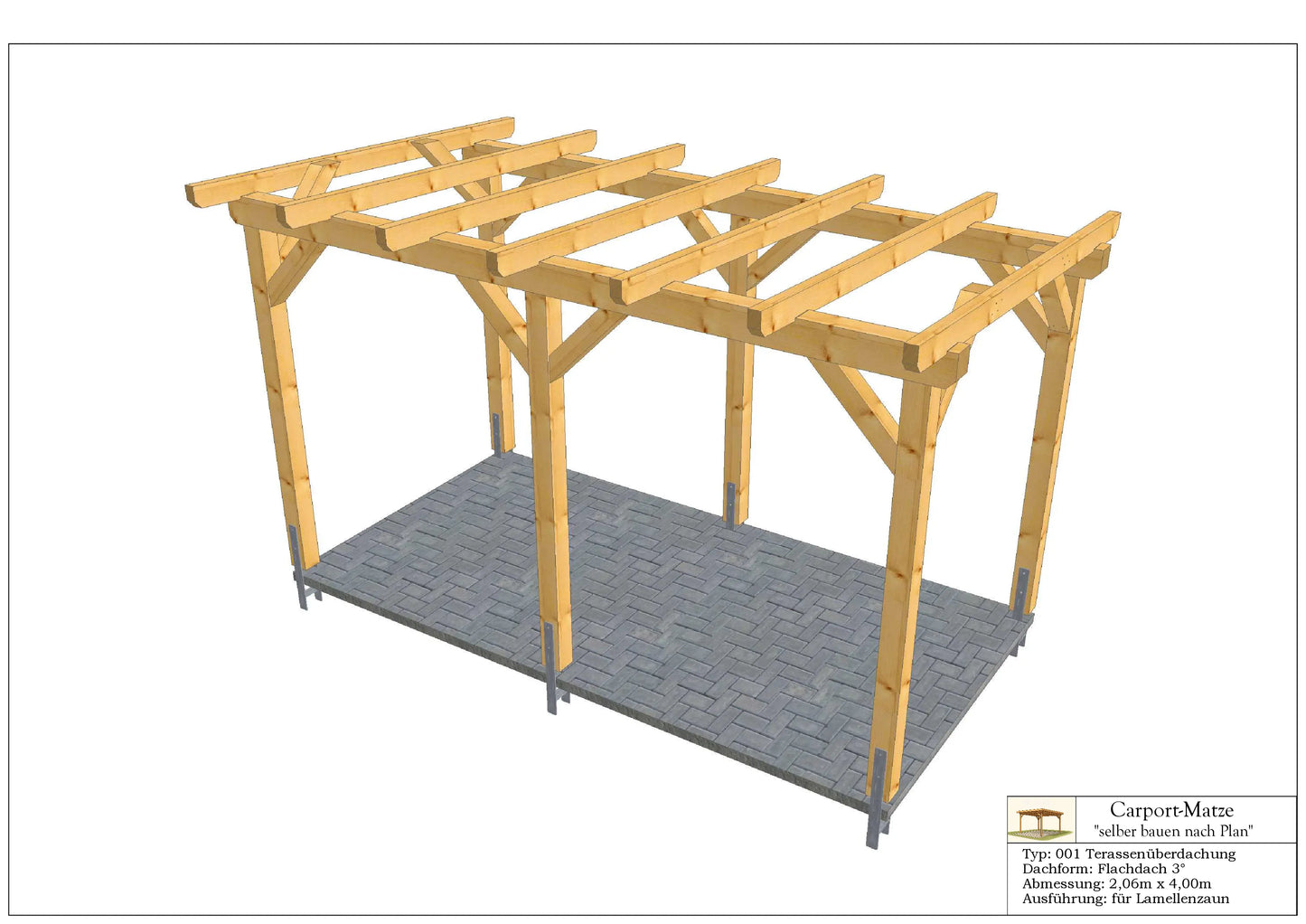 Terrassendach Typ 001 Flachdach 3°  B=2,06m x L=4,00m
