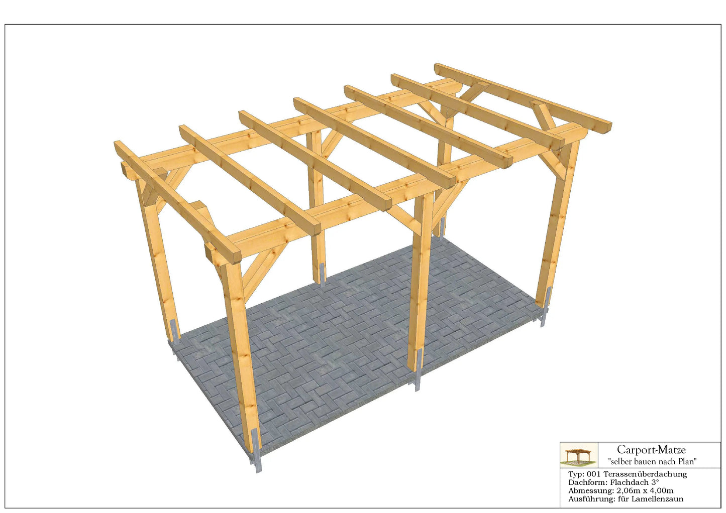 Terrassendach Typ 001 Flachdach 3°  B=2,06m x L=4,00m