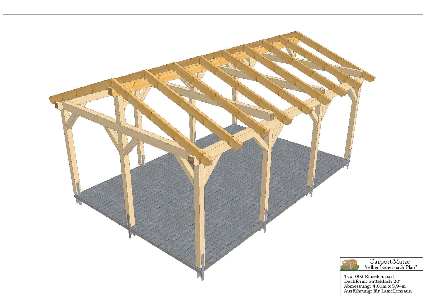 Einzelcarport Typ 002 Satteldach 20°  B= 4,00m x L= 5,94m