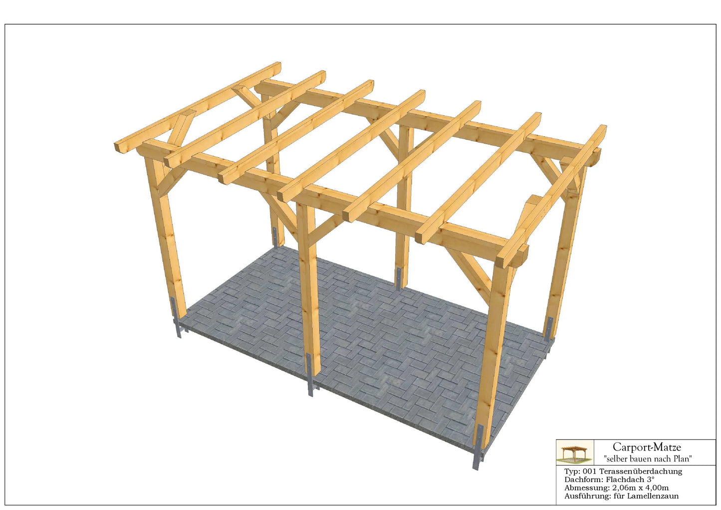 Terrassendach Typ 001 Flachdach 3°  B=2,06m x L=4,00m