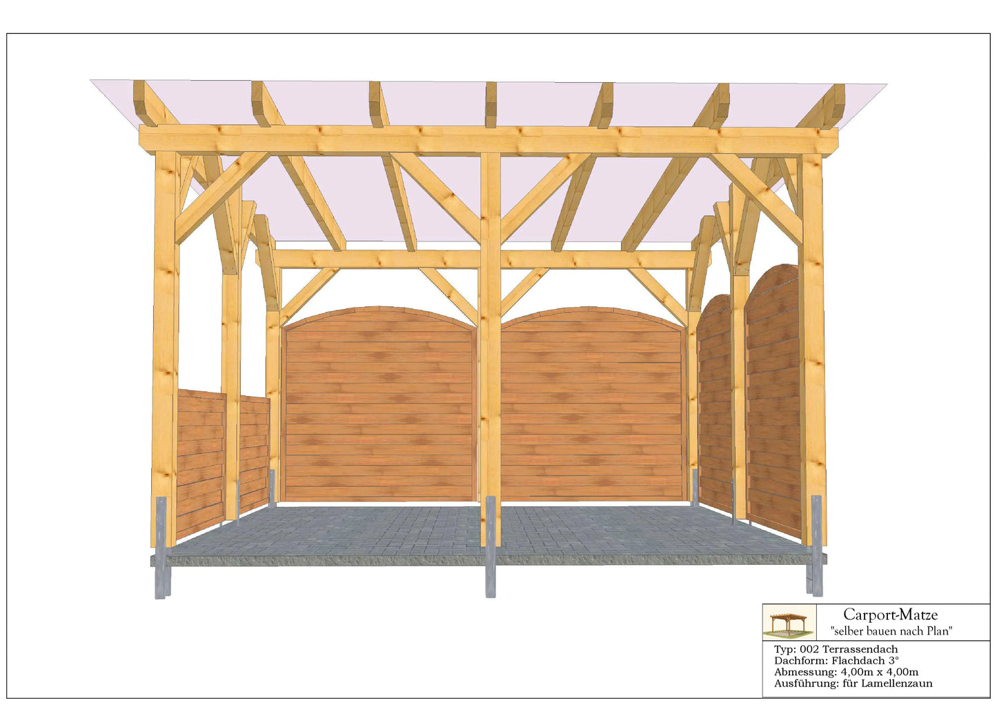 Terrassendach Typ 002 - Flachdach 3° L=4,00m x B=4,00m | DIY-Baupläne