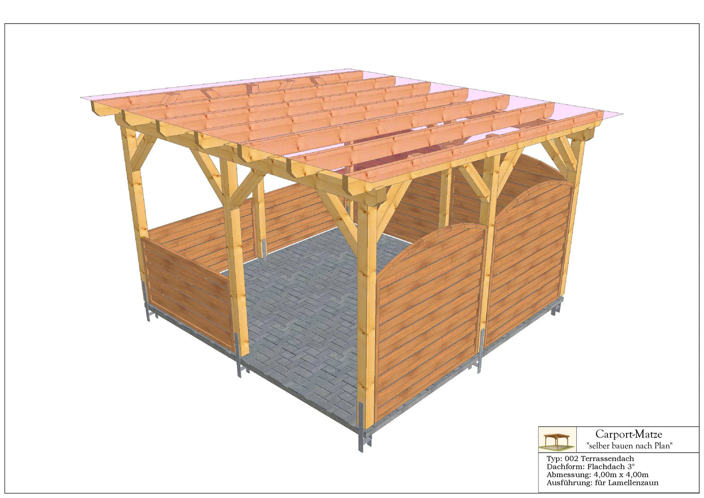 Terrassendach Typ 002 - Flachdach 3° L=4,00m x B=4,00m | DIY-Baupläne