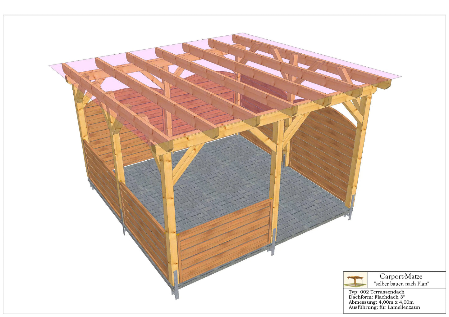 Terrassendach Typ 002 - Flachdach 3° L=4,00m x B=4,00m | DIY-Baupläne