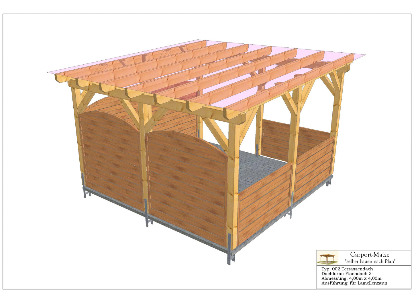 Terrassendach Typ 002 - Flachdach 3° L=4,00m x B=4,00m | DIY-Baupläne