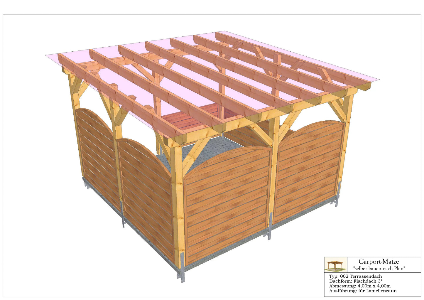 Terrassendach Typ 002 - Flachdach 3° L=4,00m x B=4,00m | DIY-Baupläne