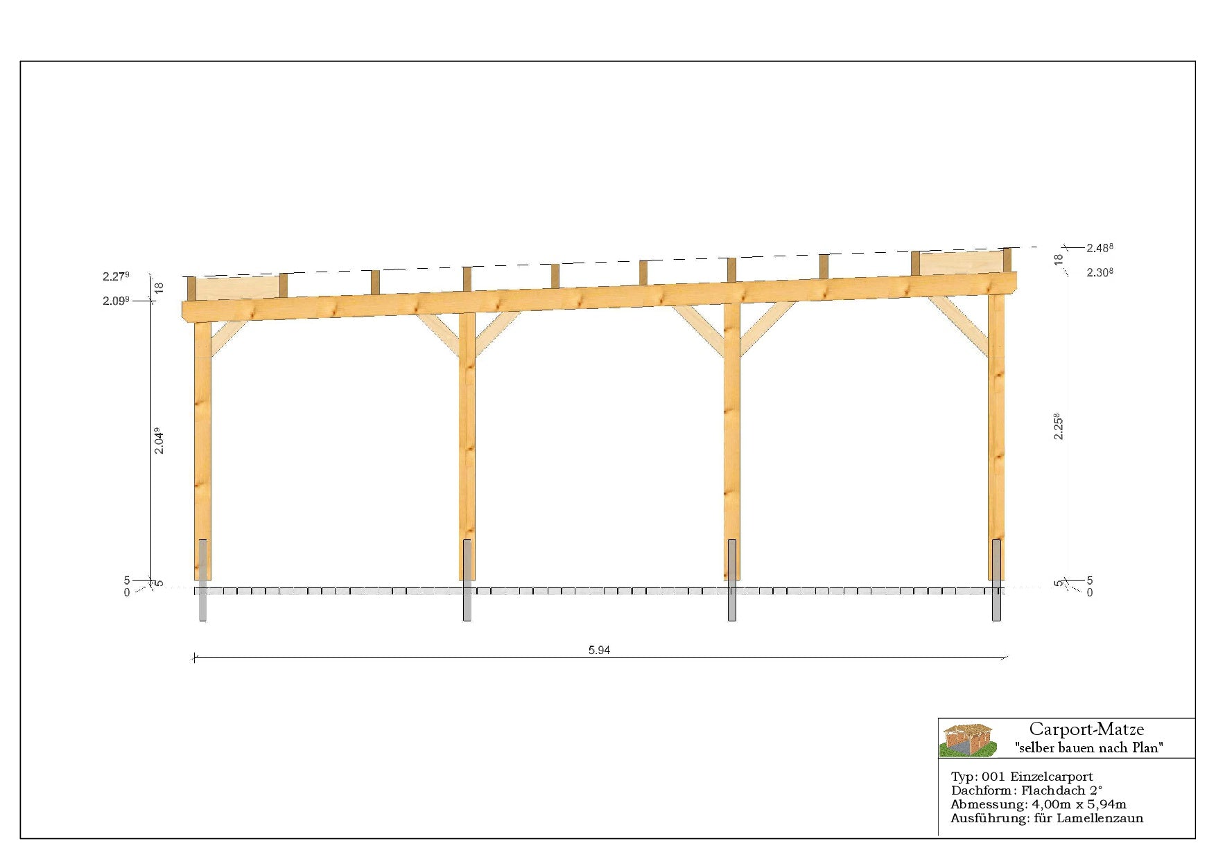 Bauplan für einen Holz-Carport mit Flachdach 4,00m x 5,94m mit Montageanleitung - Schnitt
