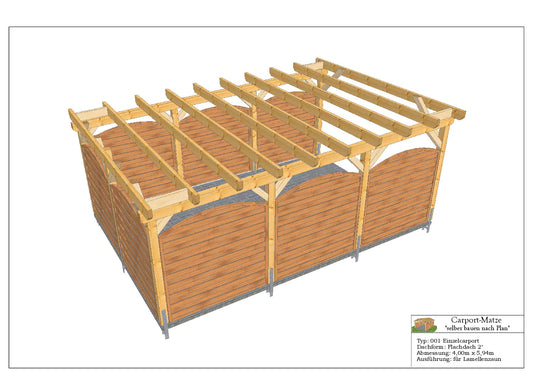 Bauplan für einen Holz-Carport mit Flachdach 4,00m x 5,94m mit Montageanleitung - Ansicht 2