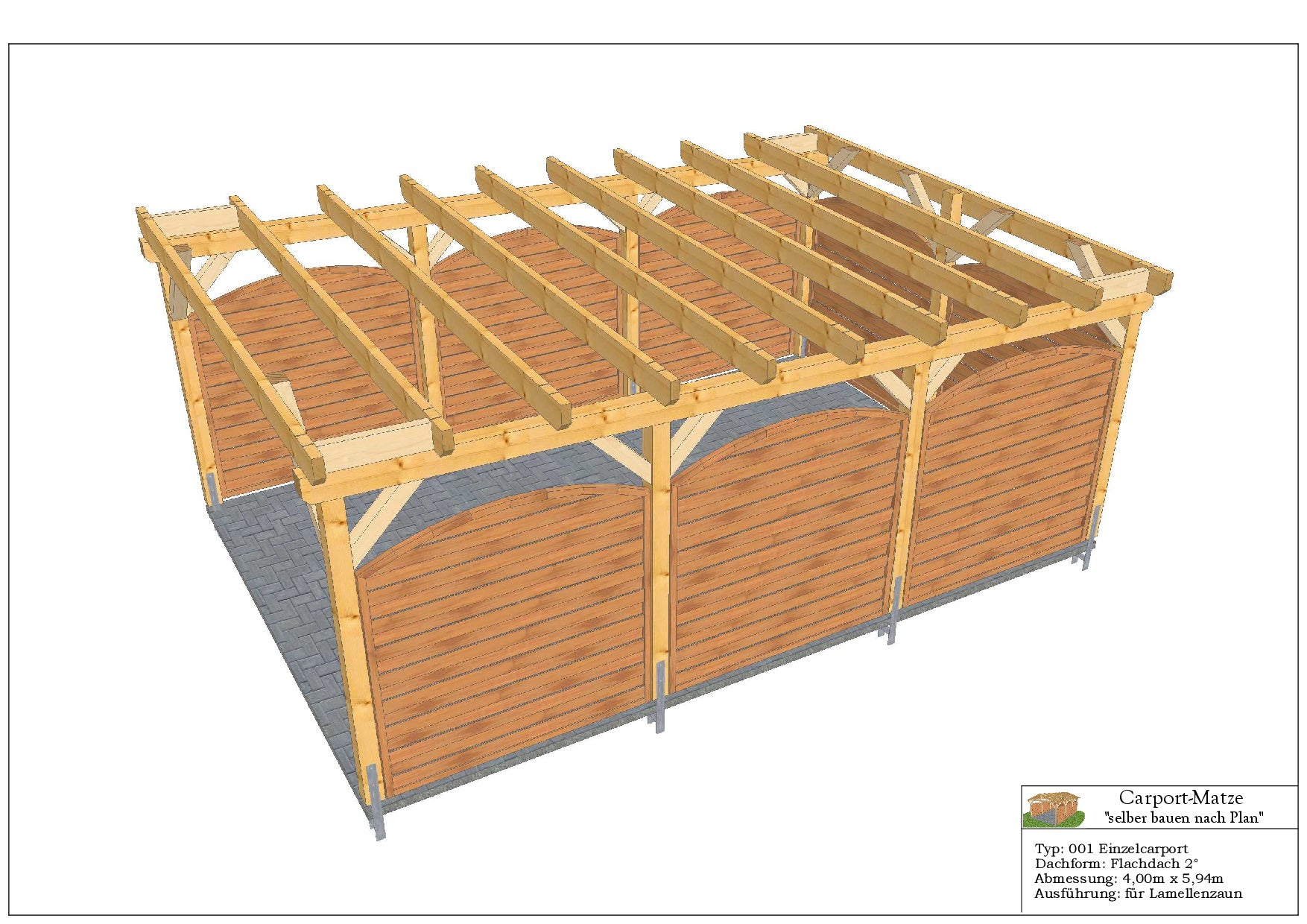 Bauplan für einen Holz-Carport mit Flachdach 4,00m x 5,94m mit Montageanleitung - Ansicht 3