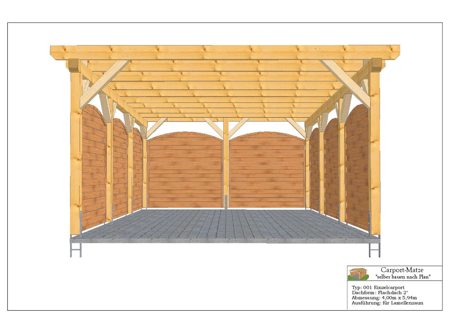 Bauplan für einen Holz-Carport mit Flachdach 4,00m x 5,94m mit Montageanleitung - Ansicht 4