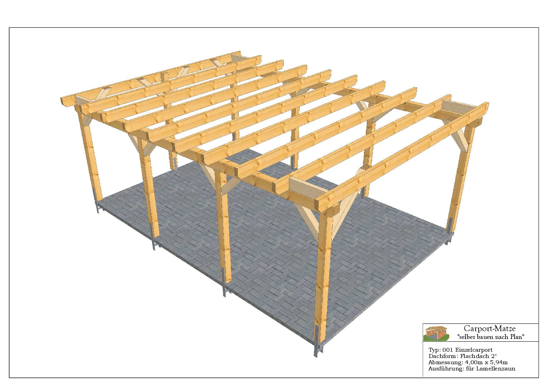 Bauplan für einen Holz-Carport mit Flachdach 4,00m x 5,94m mit Montageanleitung - Ansicht 5