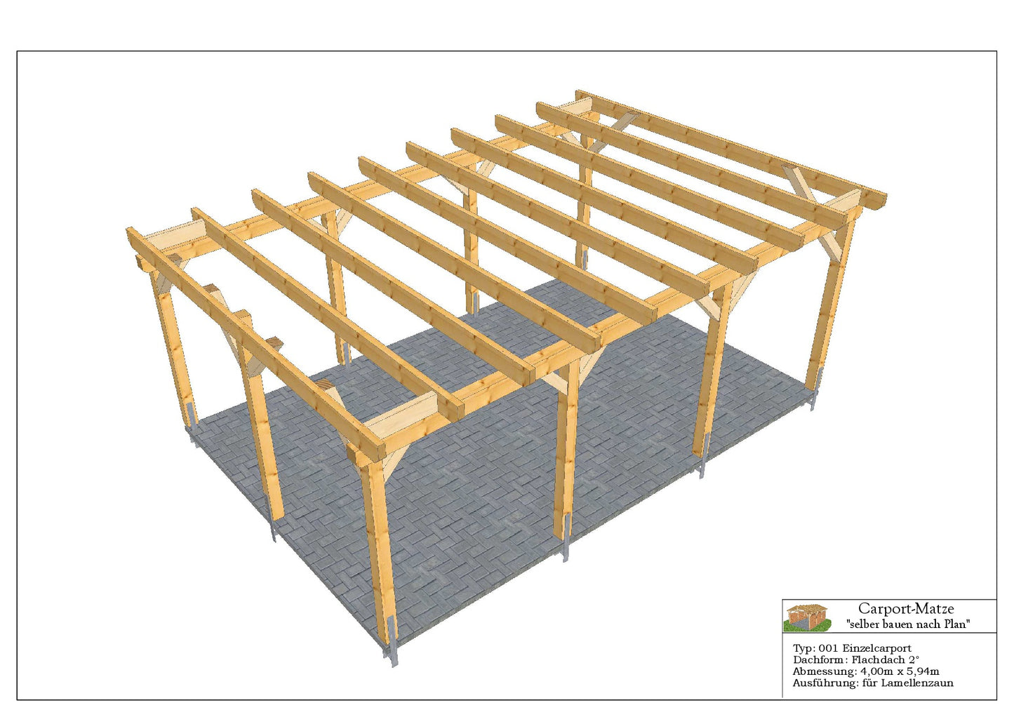 Bauplan für einen Holz-Carport mit Flachdach 4,00m x 5,94m mit Montageanleitung - Ansicht 6
