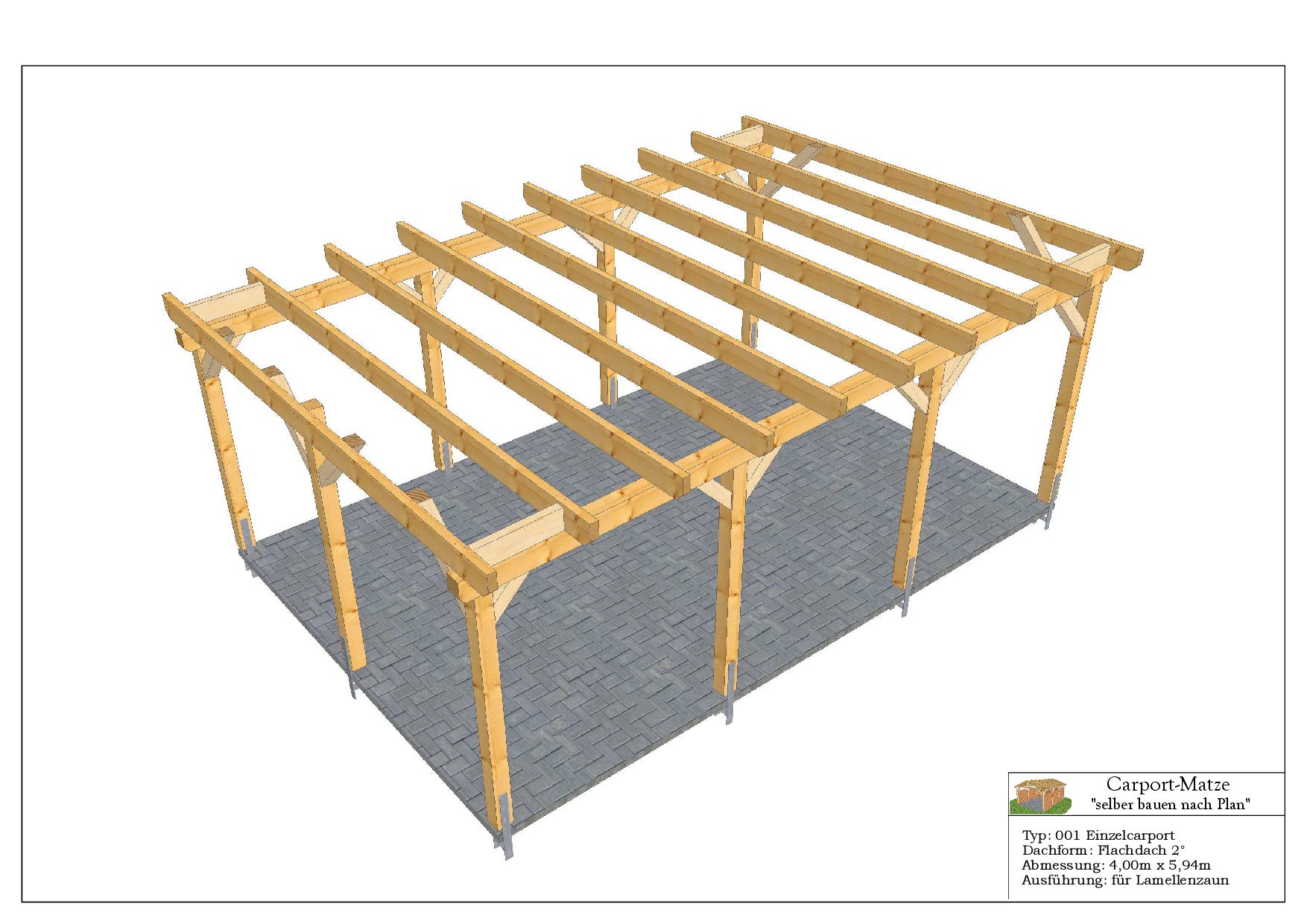 Bauplan für einen Holz-Carport mit Flachdach 4,00m x 5,94m mit Montageanleitung - Ansicht 6