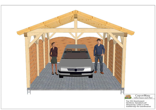Bauplan für einen Holz-Carport mit Satteldach 4,00m x 5,94m mit Montageanleitung - Ansicht 1