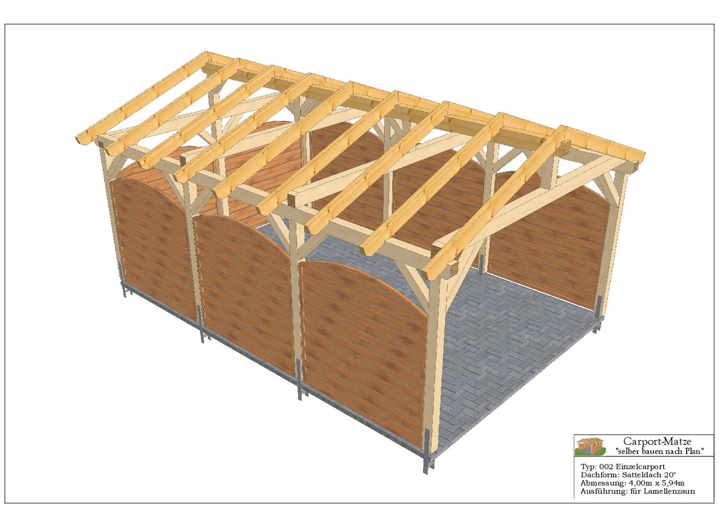 Bauplan für einen Holz-Carport mit Satteldach 4,00m x 5,94m mit Montageanleitung - Ansicht 2