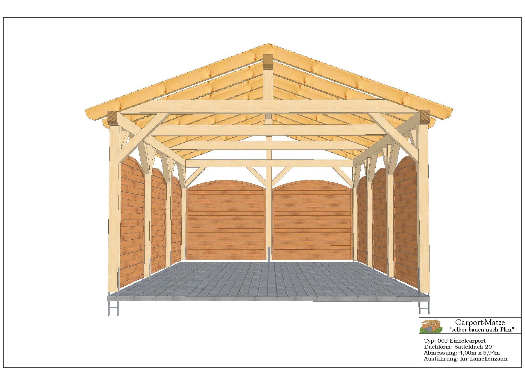 Bauplan für einen Holz-Carport mit Satteldach 4,00m x 5,94m mit Montageanleitung - Ansicht 3