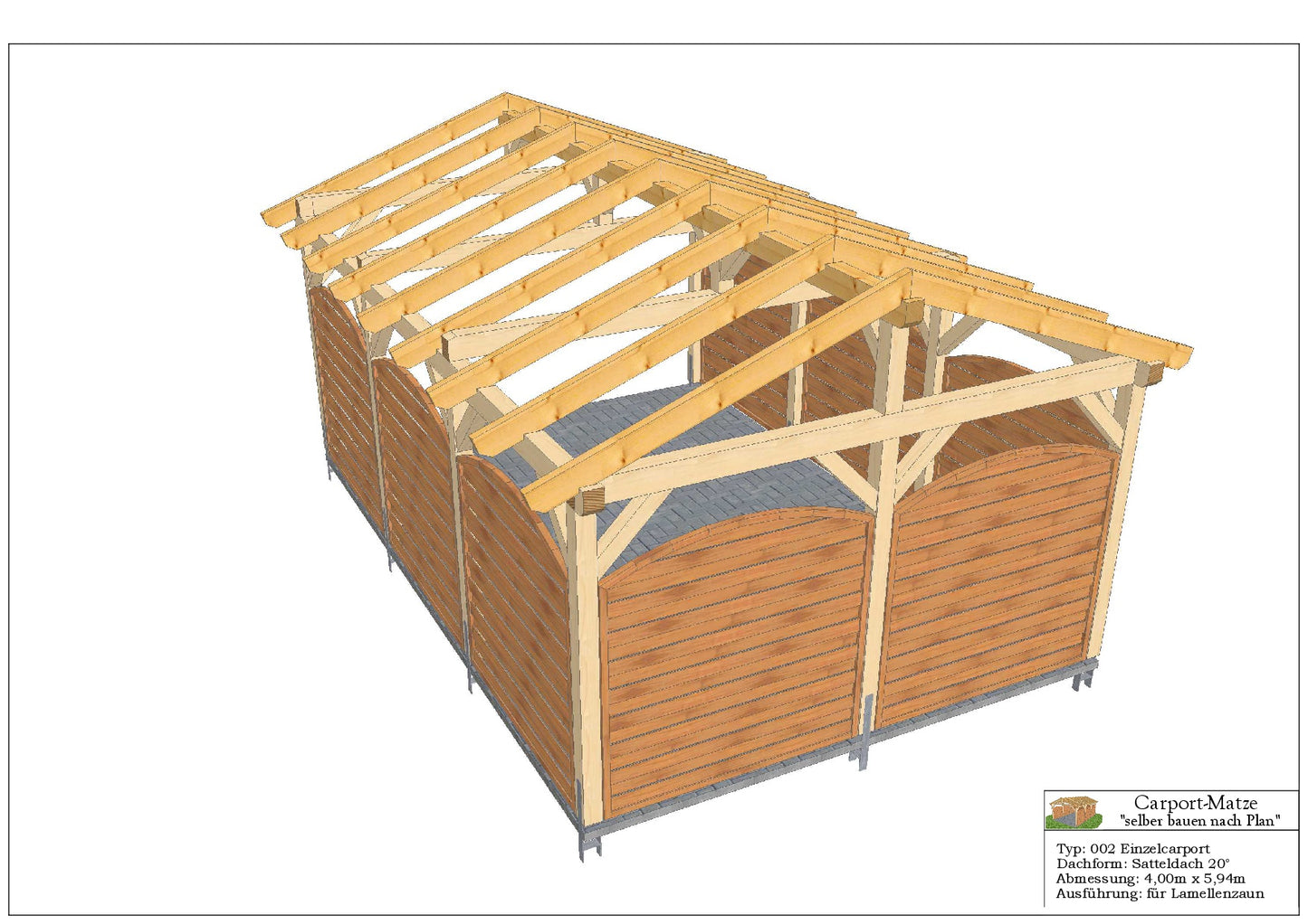 Bauplan für einen Holz-Carport mit Satteldach 4,00m x 5,94m mit Montageanleitung - Ansicht 4