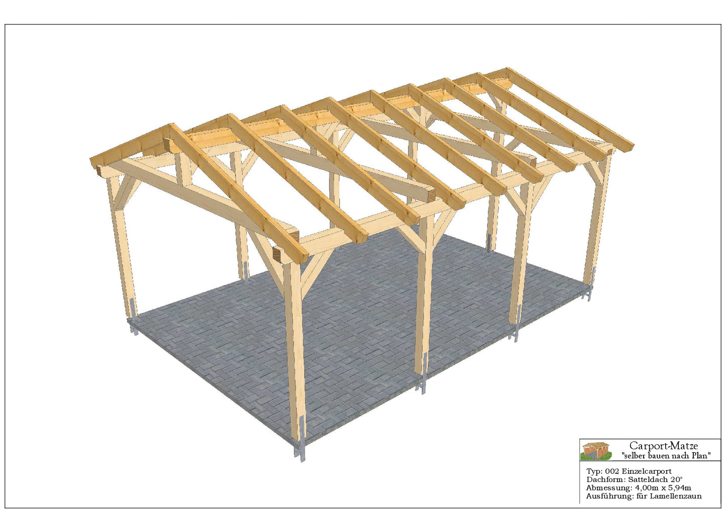 Bauplan für einen Holz-Carport mit Satteldach 4,00m x 5,94m mit Montageanleitung - Ansicht 5