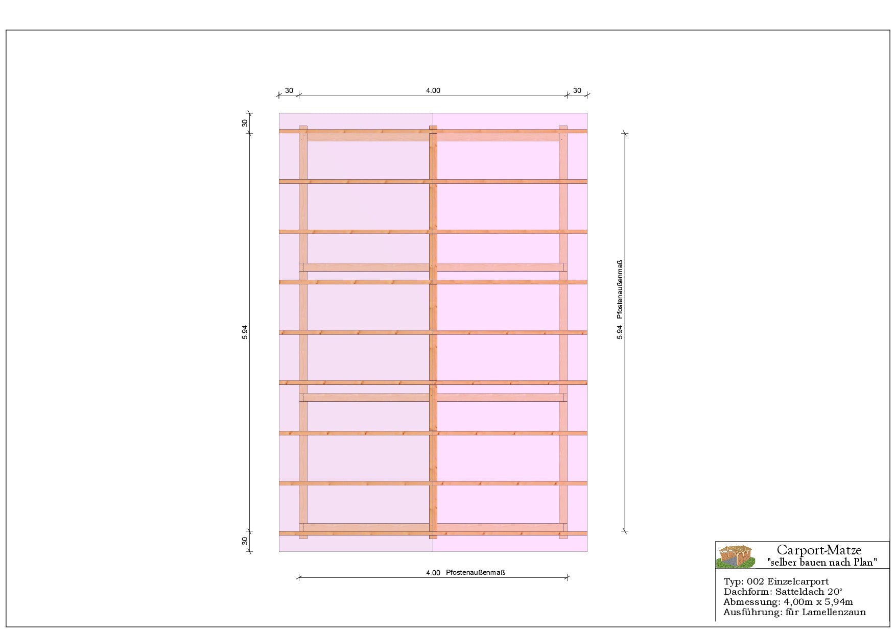 Bauplan für einen Holz-Carport mit Satteldach 4,00m x 5,94m mit Montageanleitung - Draufsicht