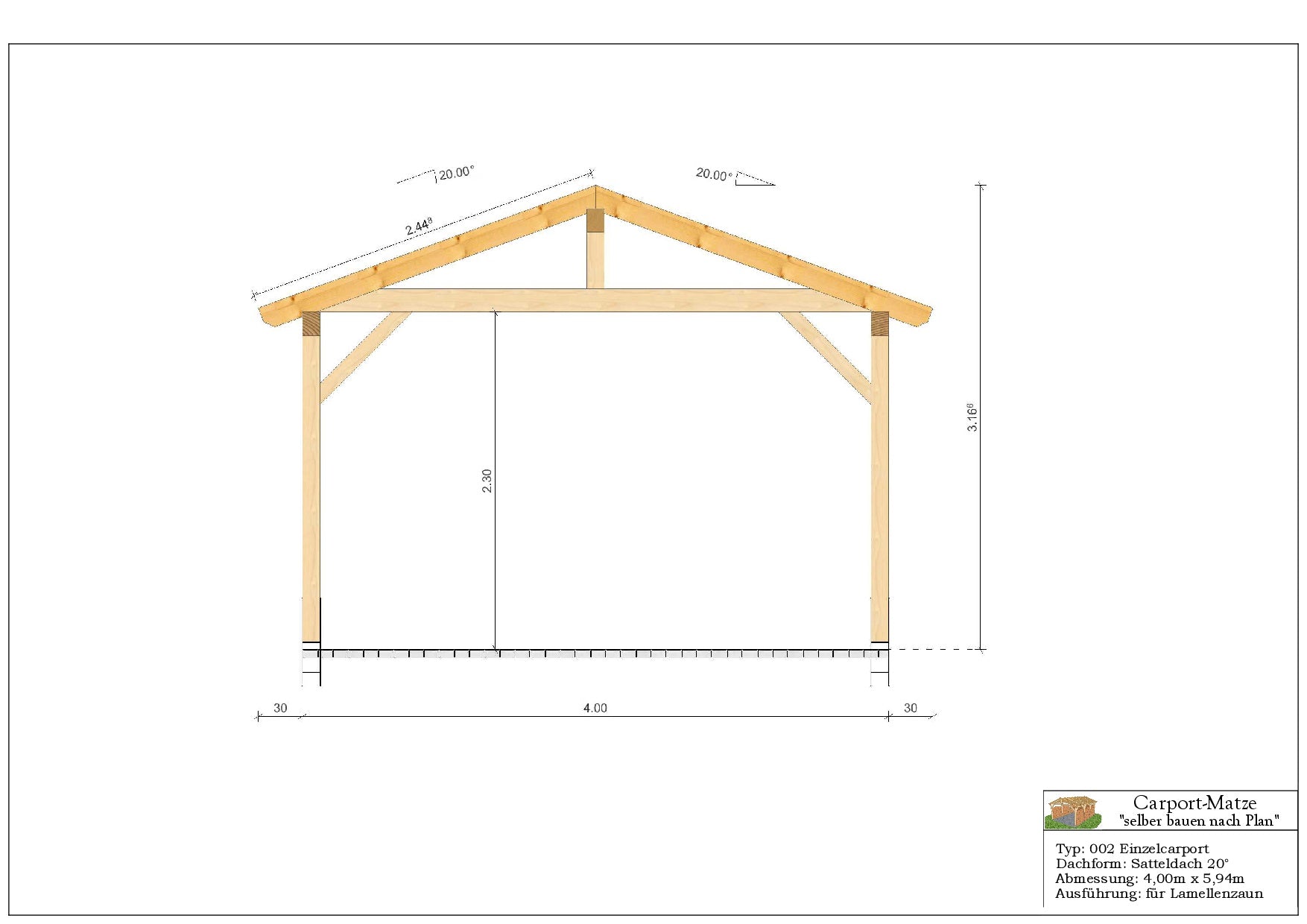 Bauplan für einen Holz-Carport mit Satteldach 4,00m x 5,94m mit Montageanleitung - Schnitt