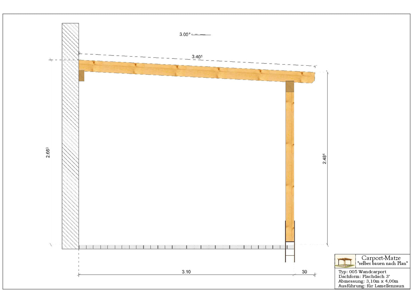 Wandcarport Typ 005 Flachdach 3° B= 3,10m x L= 4,00m