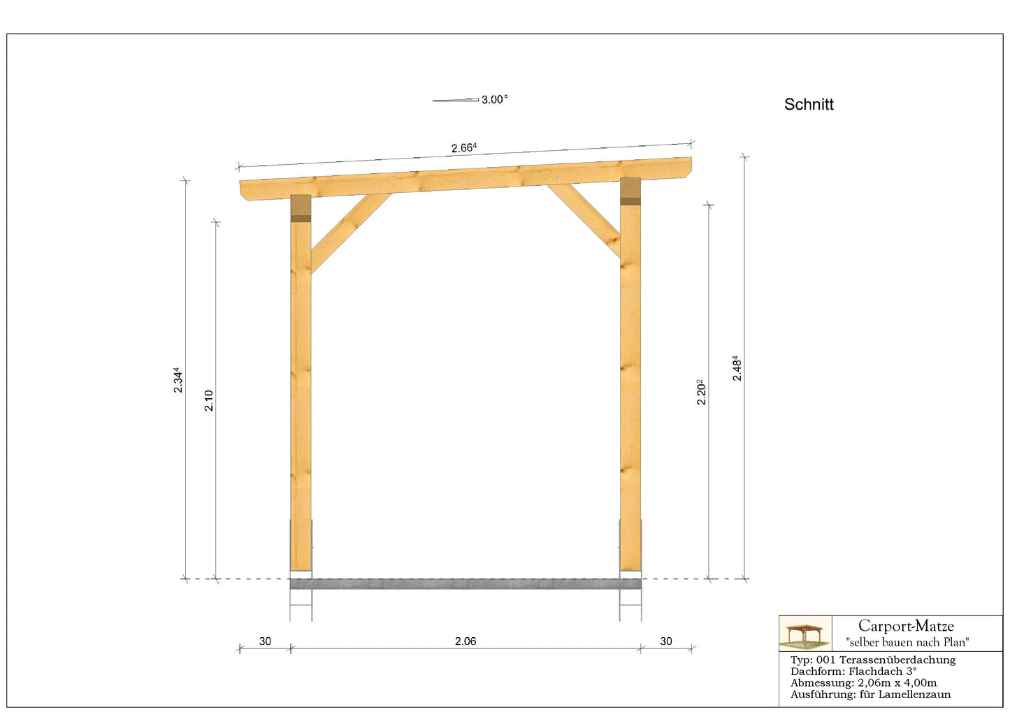 Terrassendach Typ 001 Flachdach 3°  B=2,06m x L=4,00m