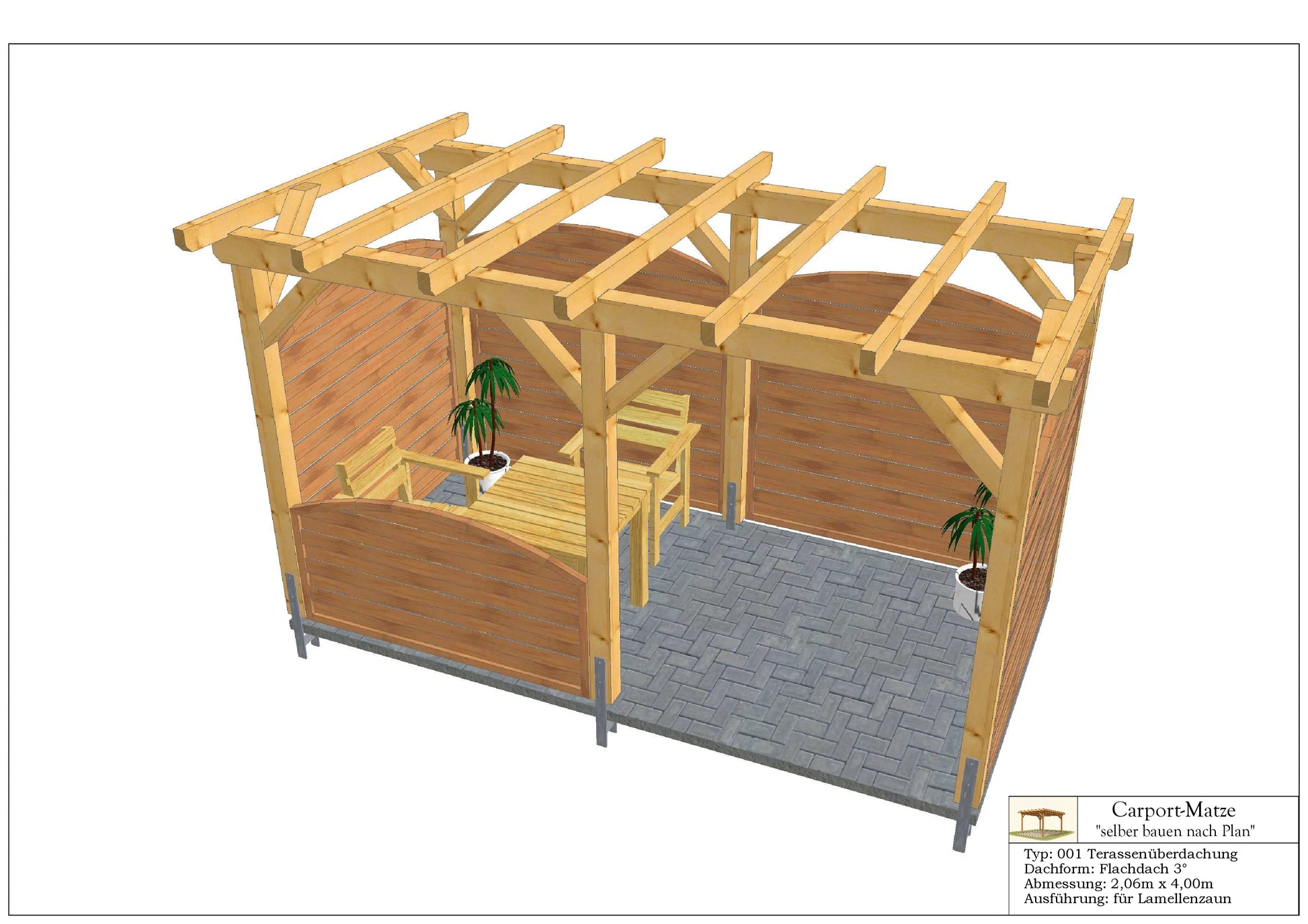 Bauplan für eine Holz-Terrasse 2,06m x 4,00m mit Montageanleitung - Ansicht 1