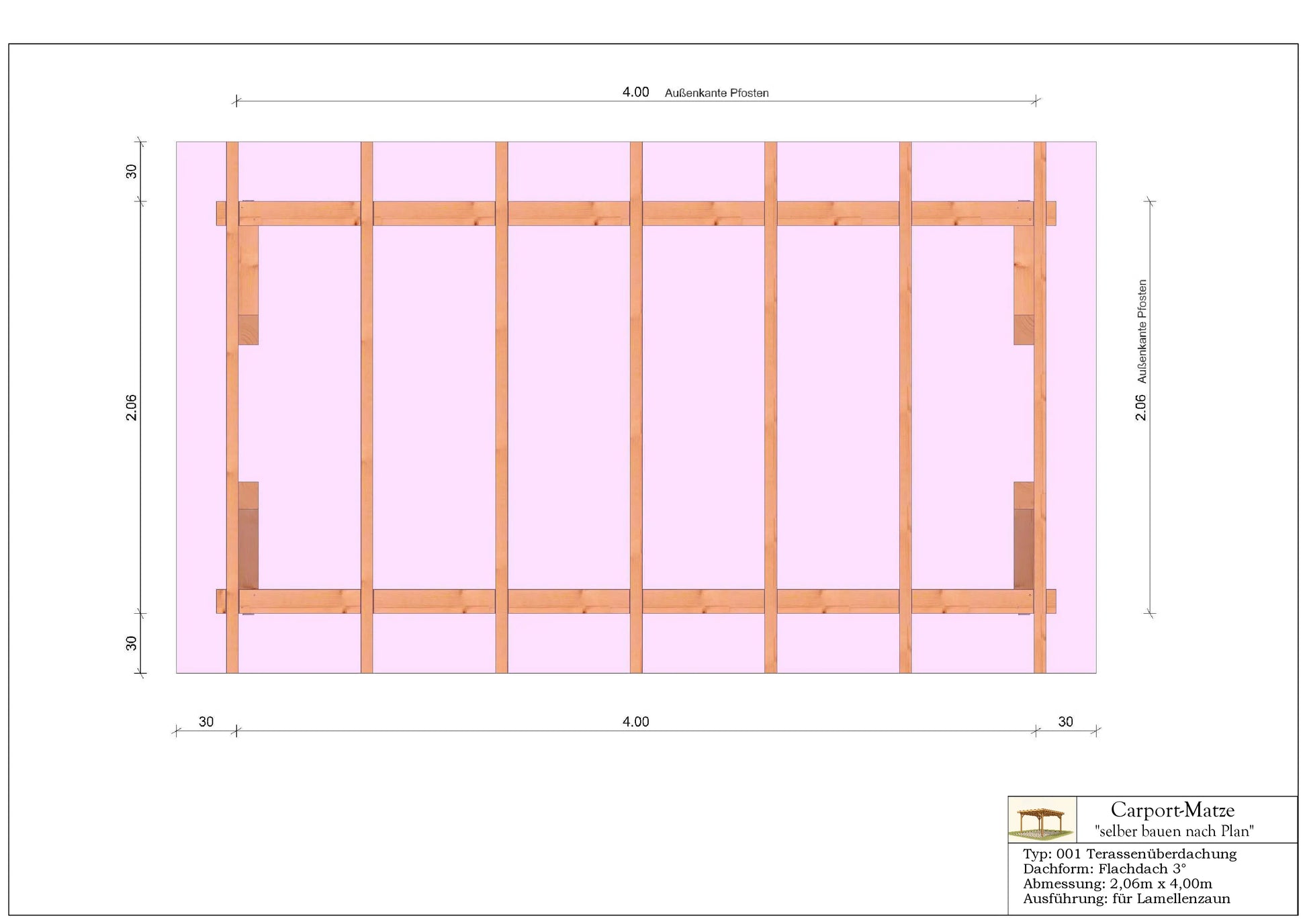 Bauplan für eine Holz-Terrasse 2,06m x 4,00m mit Montageanleitung - Draufsicht