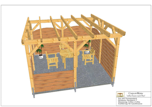 Bauplan für eine Holz-Terrasse 4,00m x  4,00m mit Montageanleitung - Ansicht 1