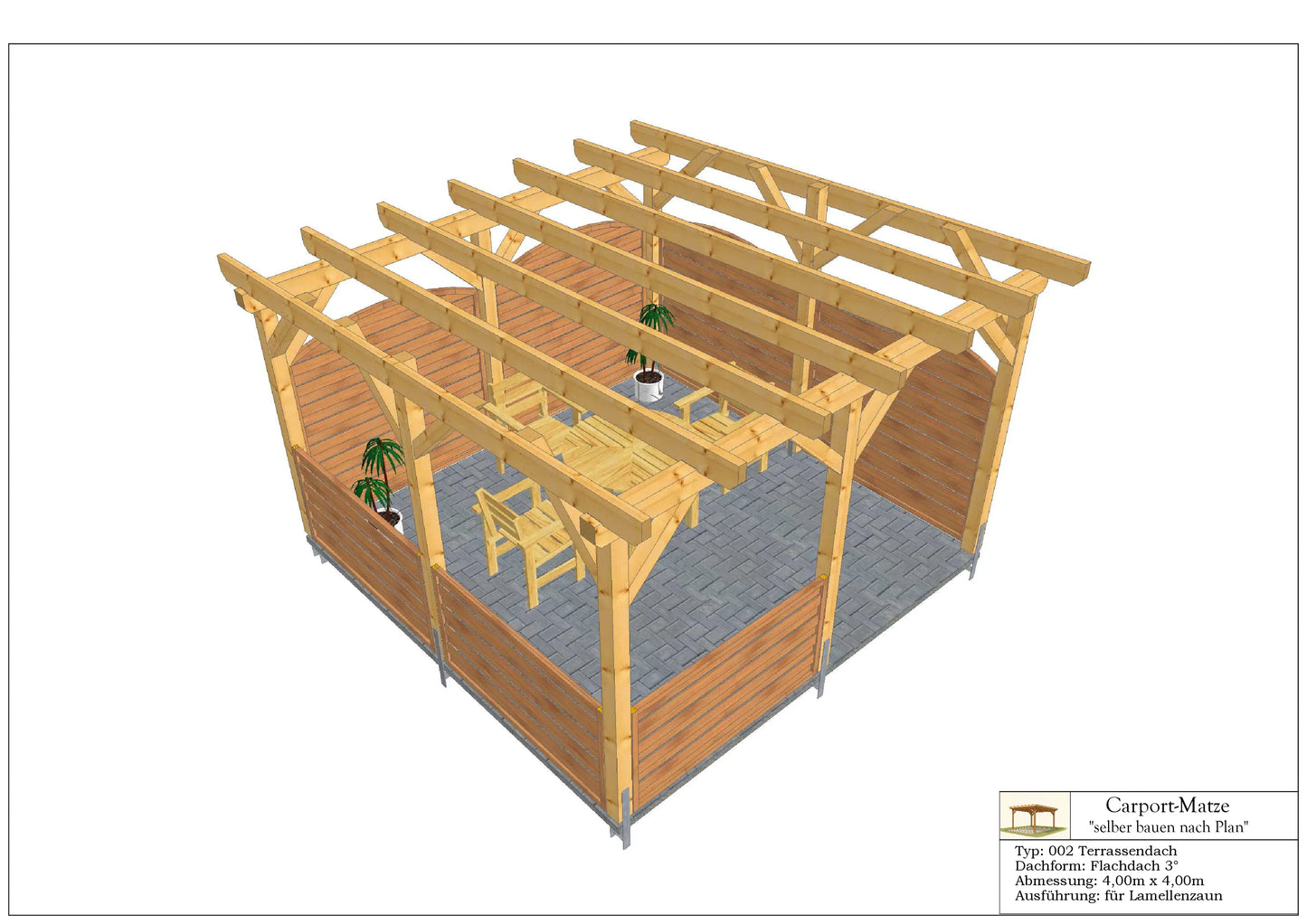 Bauplan für eine Holz-Terrasse 4,00m x  4,00m mit Montageanleitung - Ansicht 2