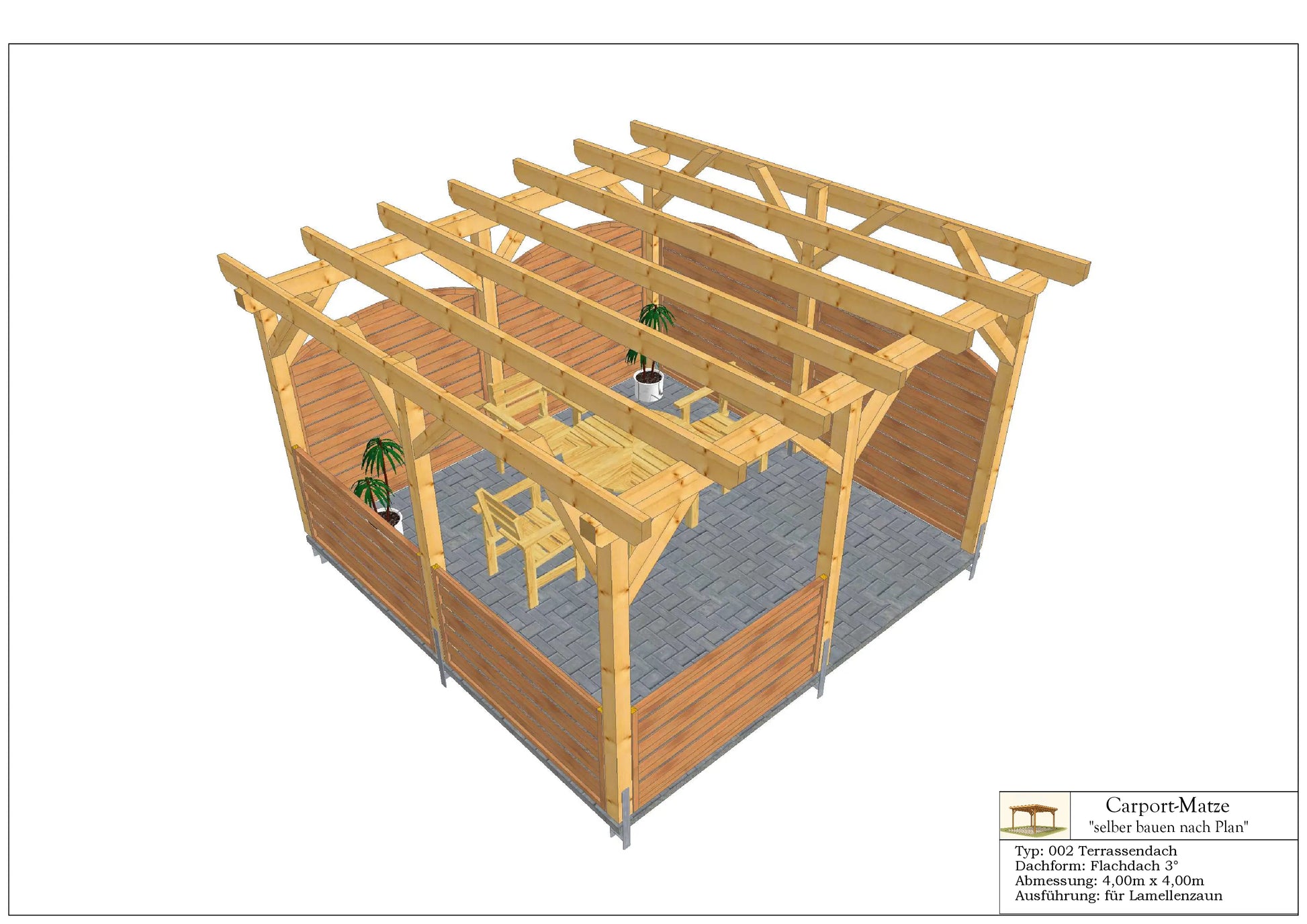 Bauplan für eine Holz-Terrasse 4,00m x  4,00m mit Montageanleitung - Ansicht 2
