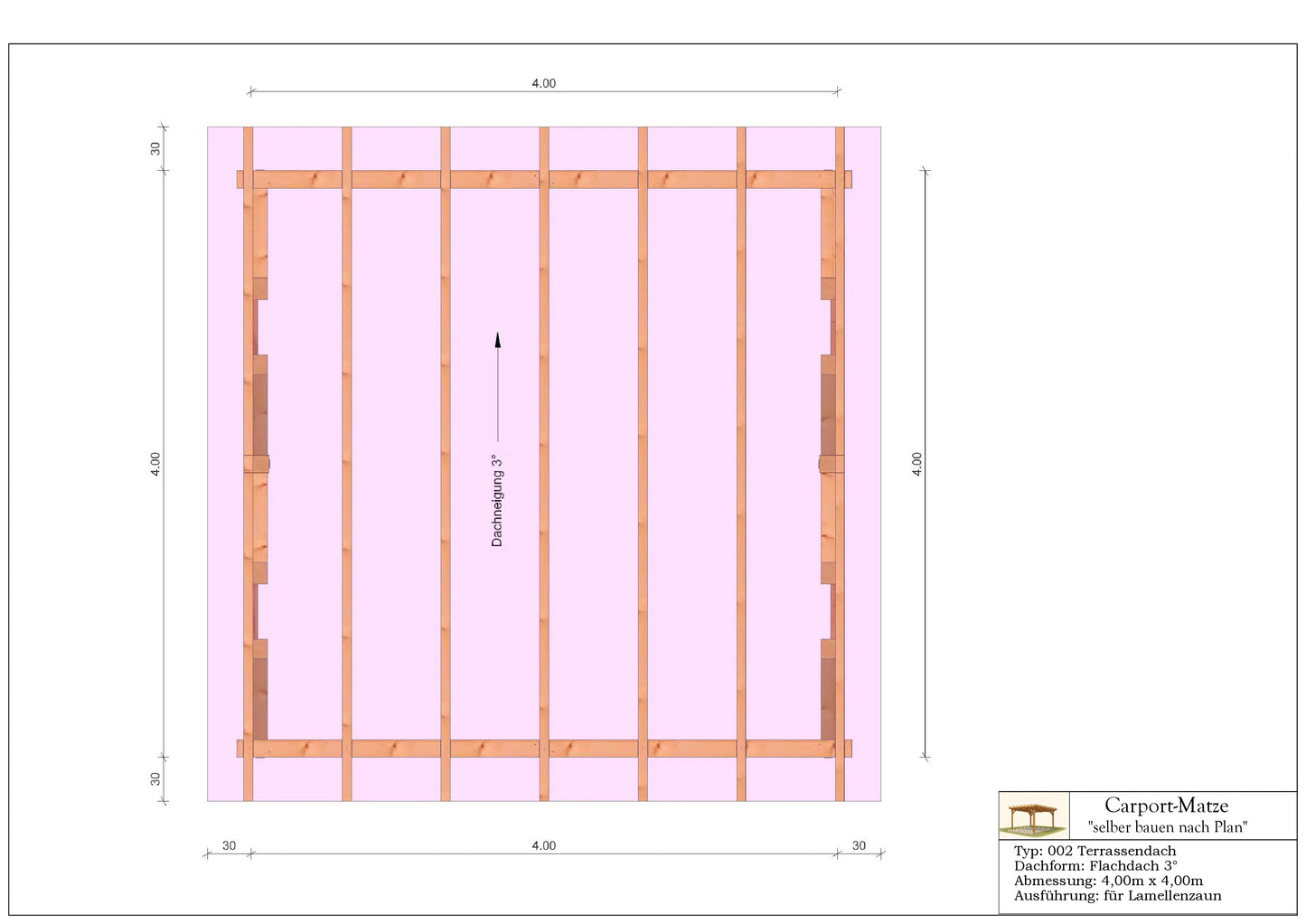 Bauplan für eine Holz-Terrasse 4,00m x  4,00m mit Montageanleitung - Draufsicht