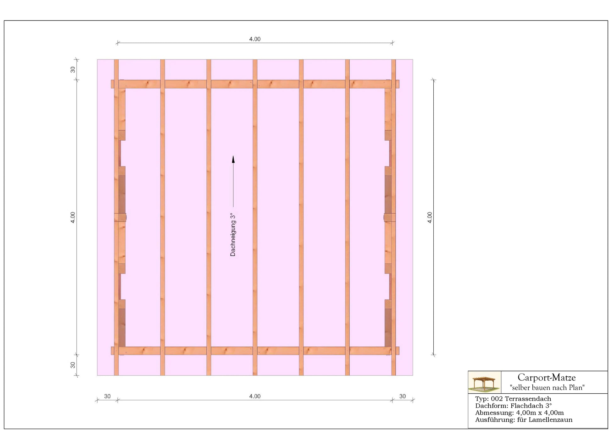 Bauplan für eine Holz-Terrasse 4,00m x  4,00m mit Montageanleitung - Draufsicht
