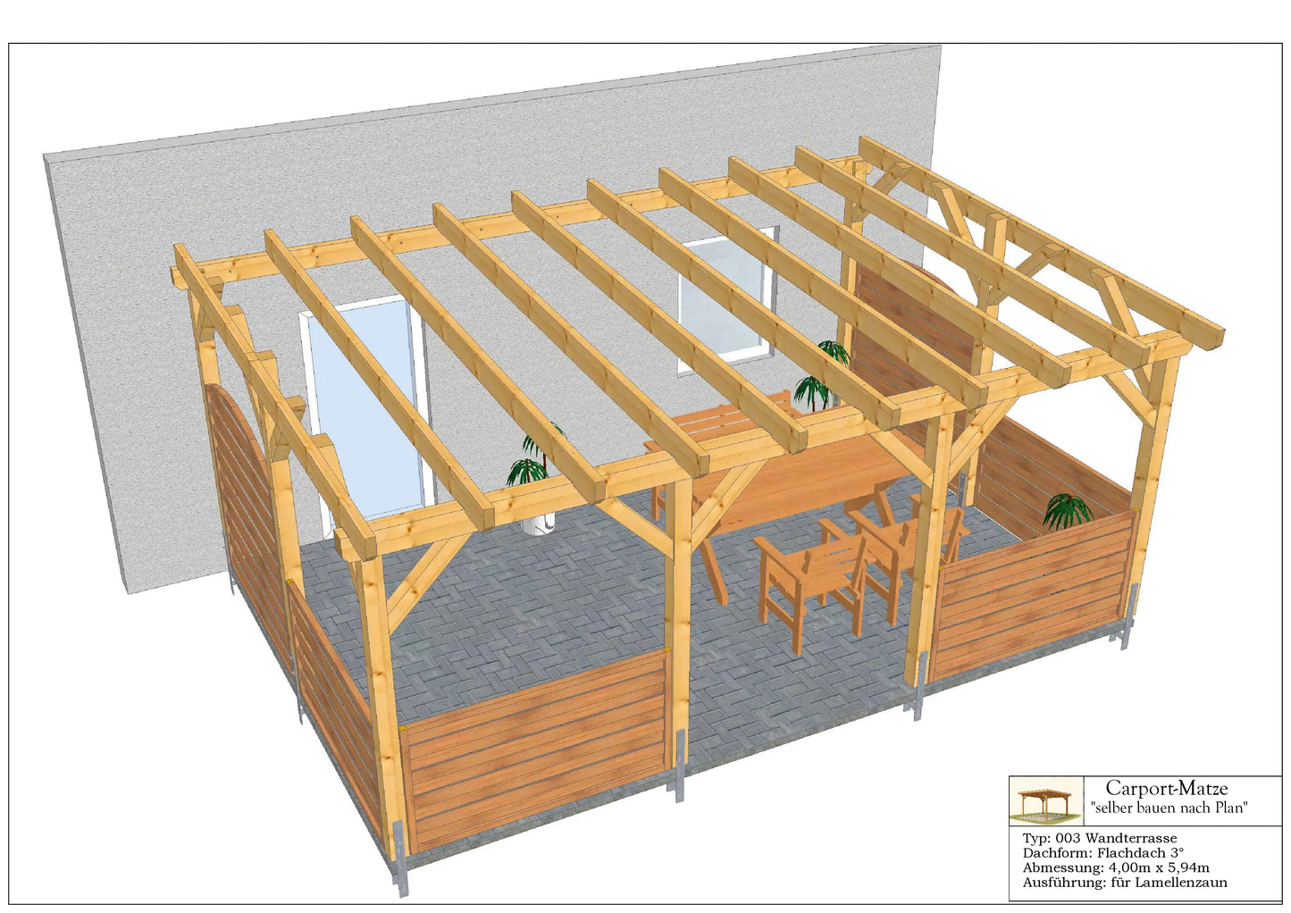 Bauplan für eine Holz-Terrasse 4,00m x  5,94m mit Montageanleitung - Ansicht 1