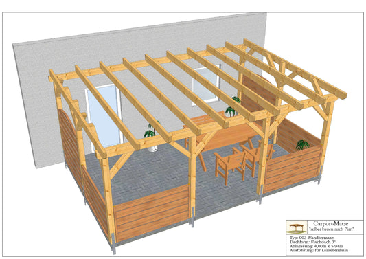Bauplan für eine Holz-Terrasse 4,00m x  5,94m mit Montageanleitung - Ansicht 1