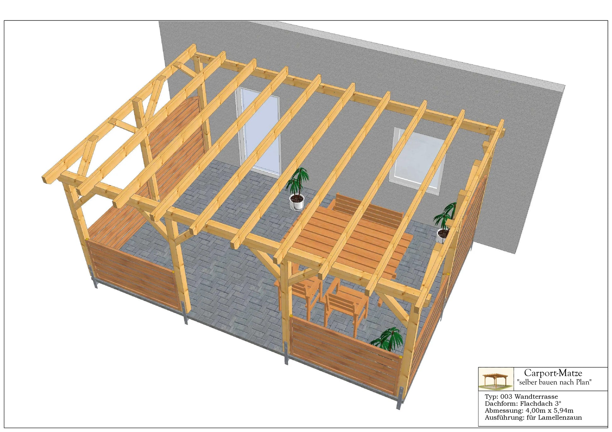 Bauplan für eine Holz-Terrasse 4,00m x  5,94m mit Montageanleitung - Ansicht 2