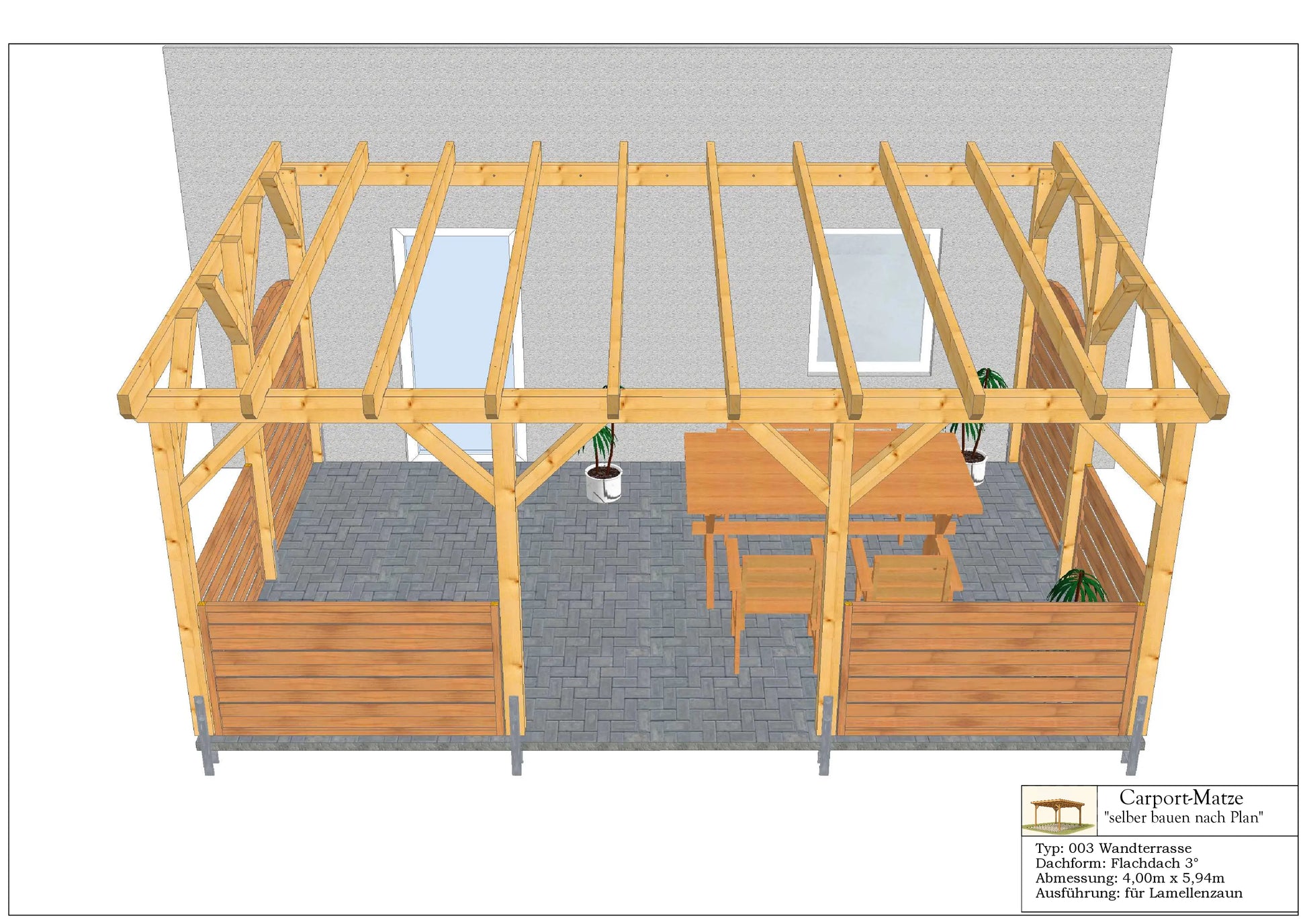 Bauplan für eine Holz-Terrasse 4,00m x  5,94m mit Montageanleitung - Ansicht 3