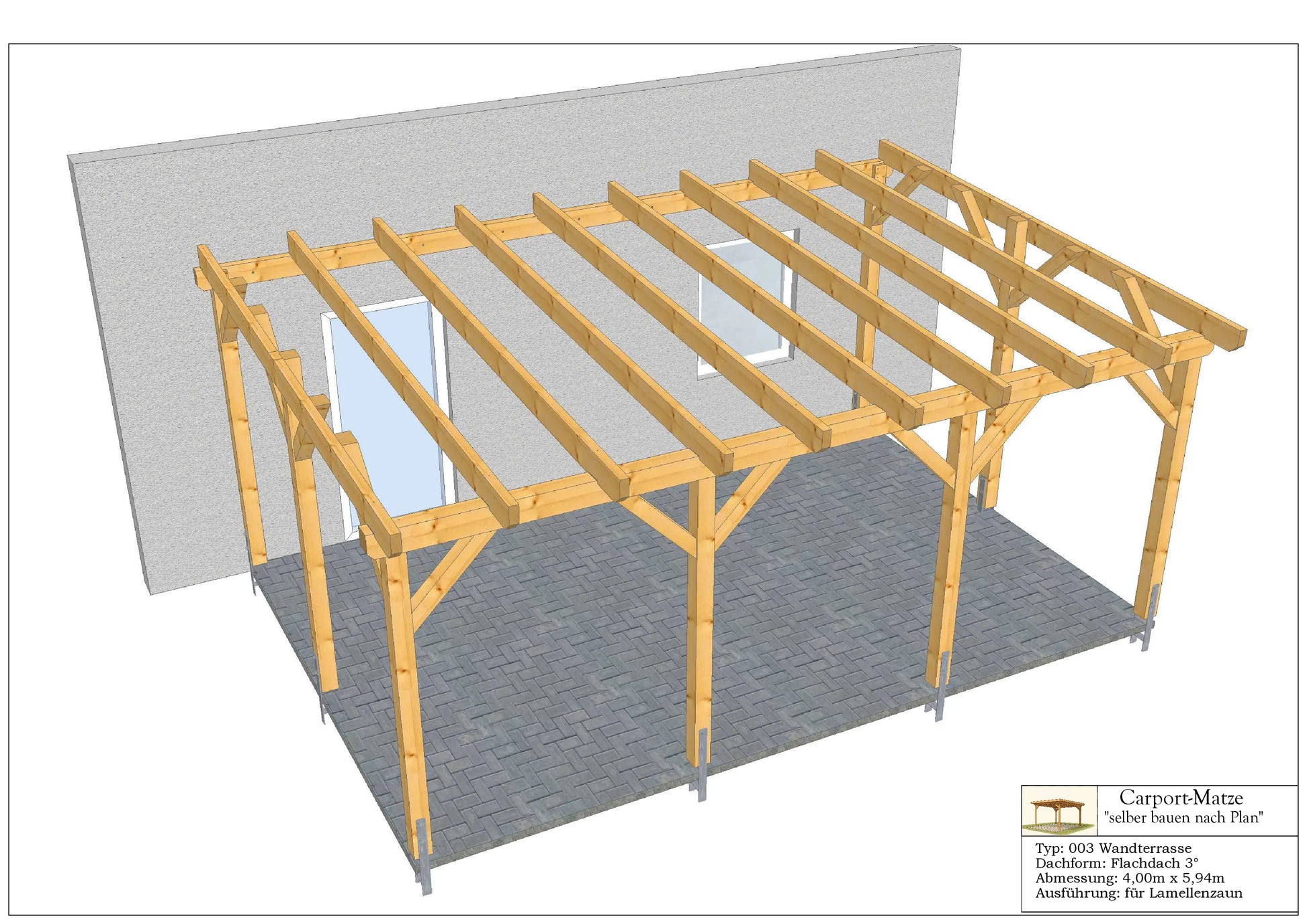 Bauplan für eine Holz-Terrasse 4,00m x  5,94m mit Montageanleitung - Ansicht 4