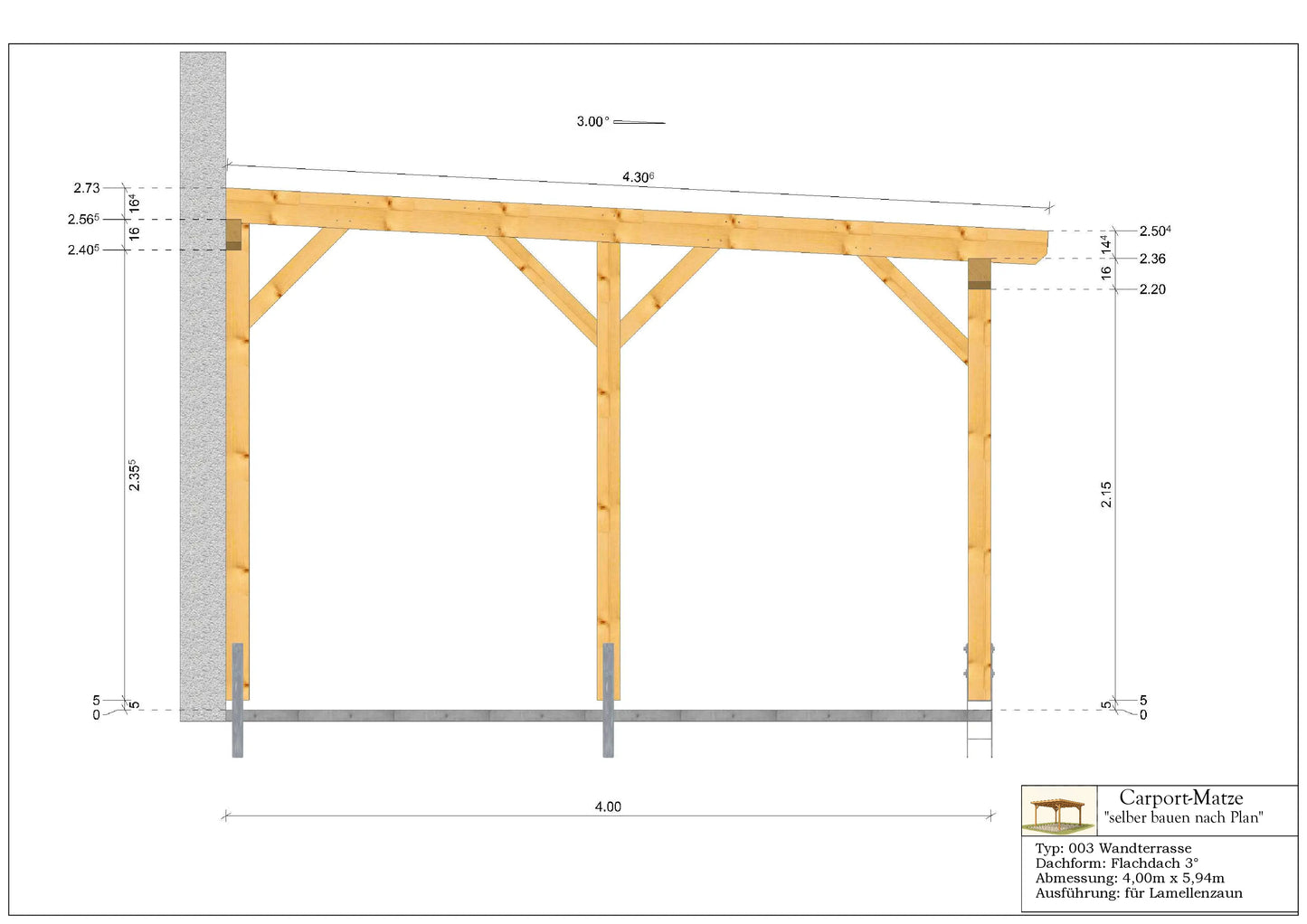 Bauplan für eine Holz-Terrasse 4,00m x  5,94m mit Montageanleitung - Schnitt 1