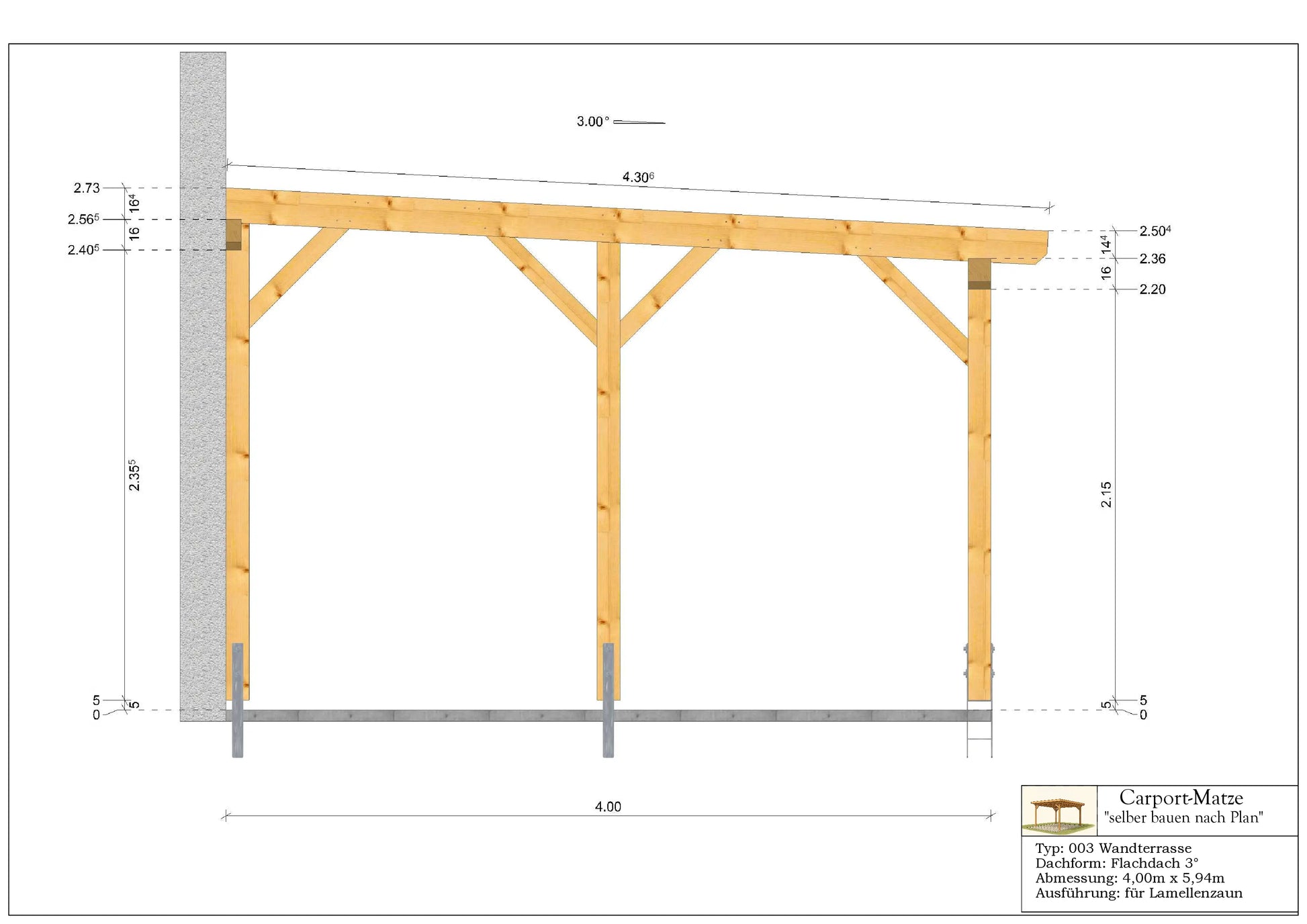 Bauplan für eine Holz-Terrasse 4,00m x  5,94m mit Montageanleitung - Schnitt 1